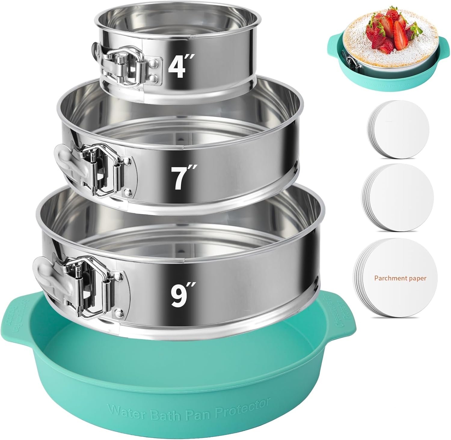 4-7-9 Inch Stainless Steel Springform Cheesecake Pan Set of 3 | Food Grade, FDA Food Contact Safe, Dishwasher Safe, Removable Bottom, Comes with Parchment Paper & Silicone Base Protector