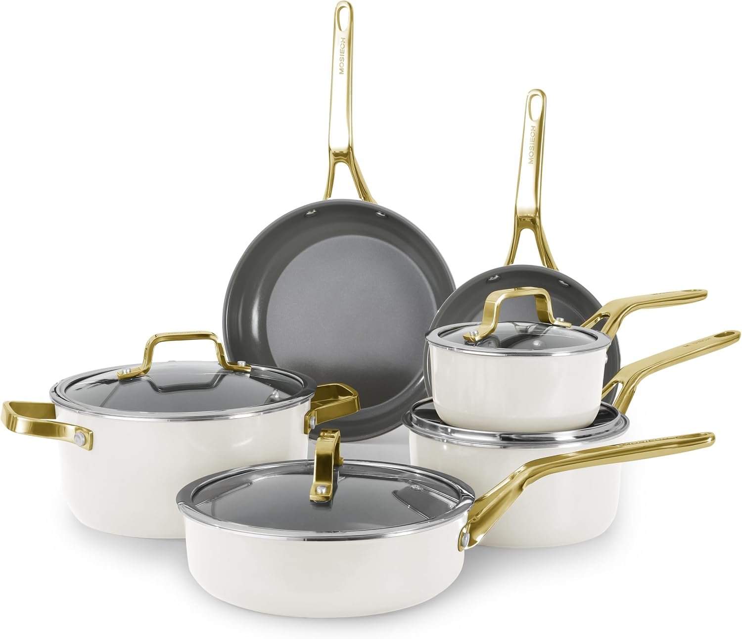 White 10 Piece Ceramic Cookware Set | Pots Pans for Family Meals | Include saucepan, saute pan, stockpot, frying pans, oven safe to 480°F, dishwasher safe, non-toxic PFAS free, induction bases