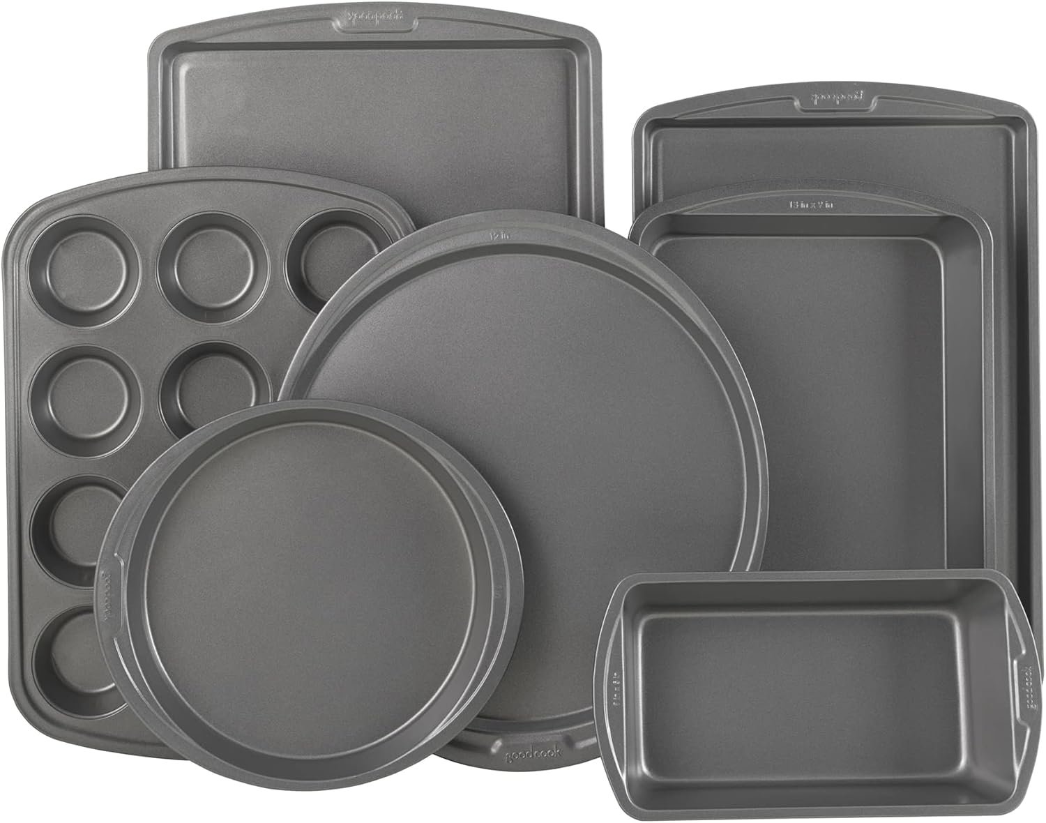 GoodCook Everyday 7-Piece Non-Stick Bakeware Set – 2 Cookie Sheet Pans, Round Cake Pan, Loaf Pan, Pizza Pan, Bake & Roast Pan, 12-Cup Muffin Pan – Baking Supplies, Baking Pans Set