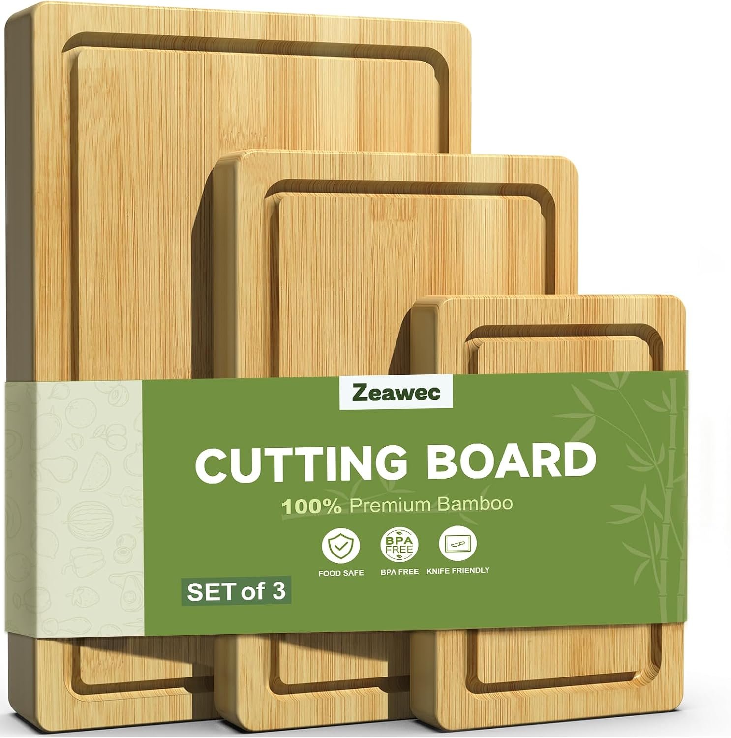 3-Piece Set Deep-Carbonized Bamboo Cutting Board for Kitchen, Natural | Crack-Resistant Wood Chopping Boards with Deep Juice Grooves, Pre-Oiled Butcher Block for Meat, Vegetables & Cheese
