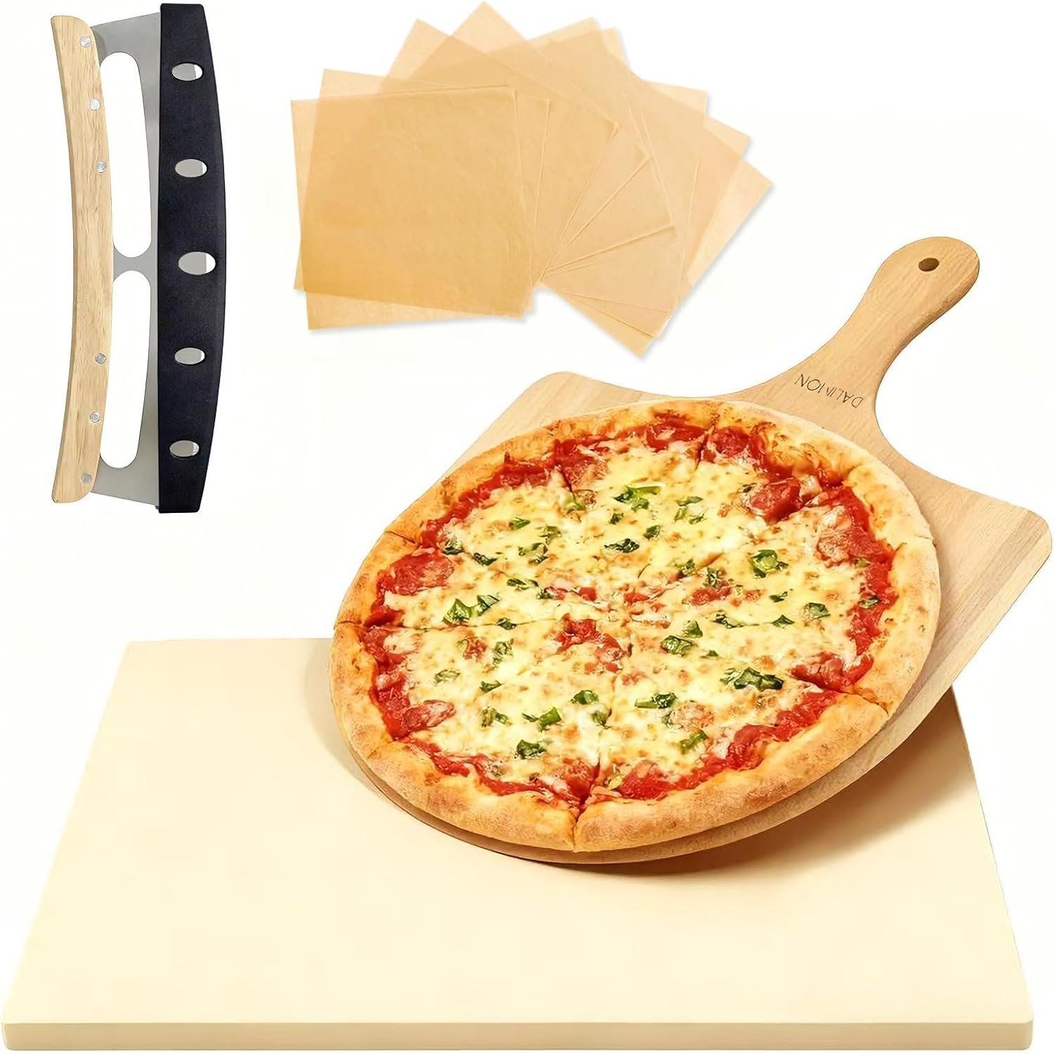 Rectangular Pizza Stone Kits 4PCS 12″x15″,Cordierite Baking Stone for Grill & Oven,Cutter Rocker Stainless Steel &10pcs Cooking Paper and Peel Paddle-Durable and Pizza Oven Accessories