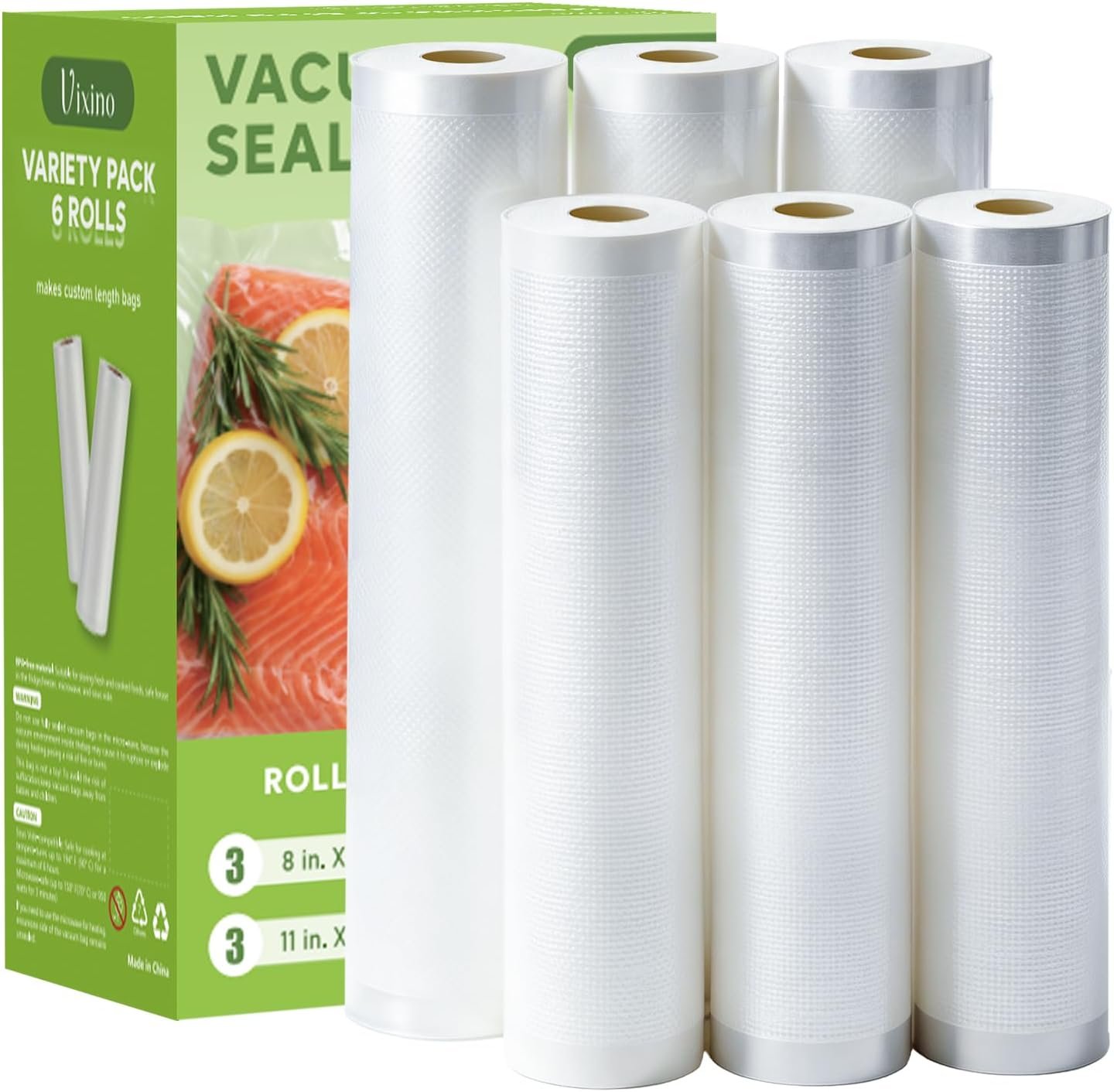 Vixino Vacuum Sealer Bags for Food, 6 Pack 3 Rolls 11″ x 20′ + 3 Rolls 8″ x 20′ Commercial Grade Vacuum Seal Bags Rolls, BPA Free, Customizable Size for Sous Vide, Freezer