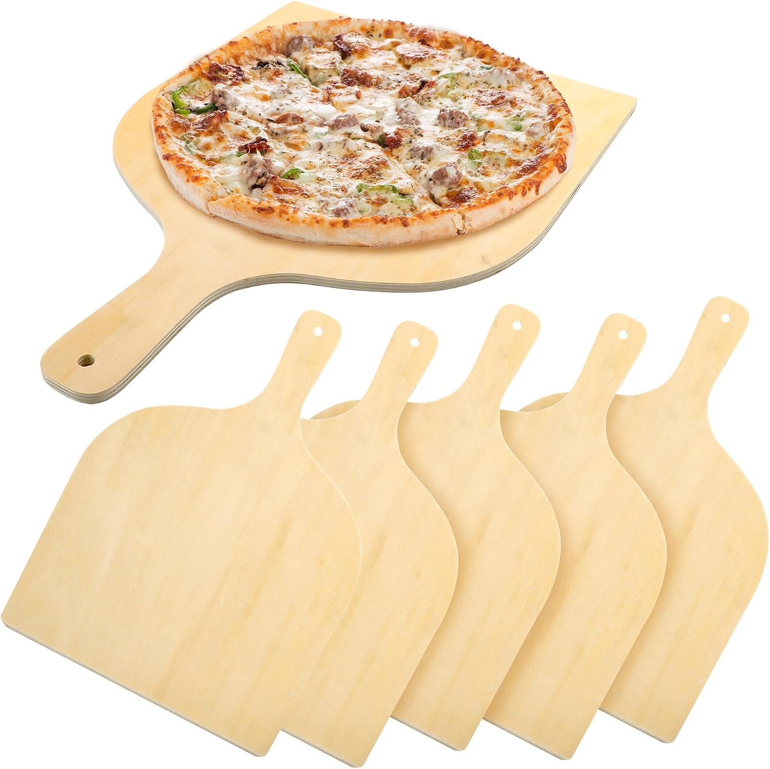 5 Pack 12 Inch Wooden Pizza Peel with Handle | Large Wood Pizza Spatula Paddle, Cutting Board for Baking, Oven Pizza, 16.5″ L x 12″ W