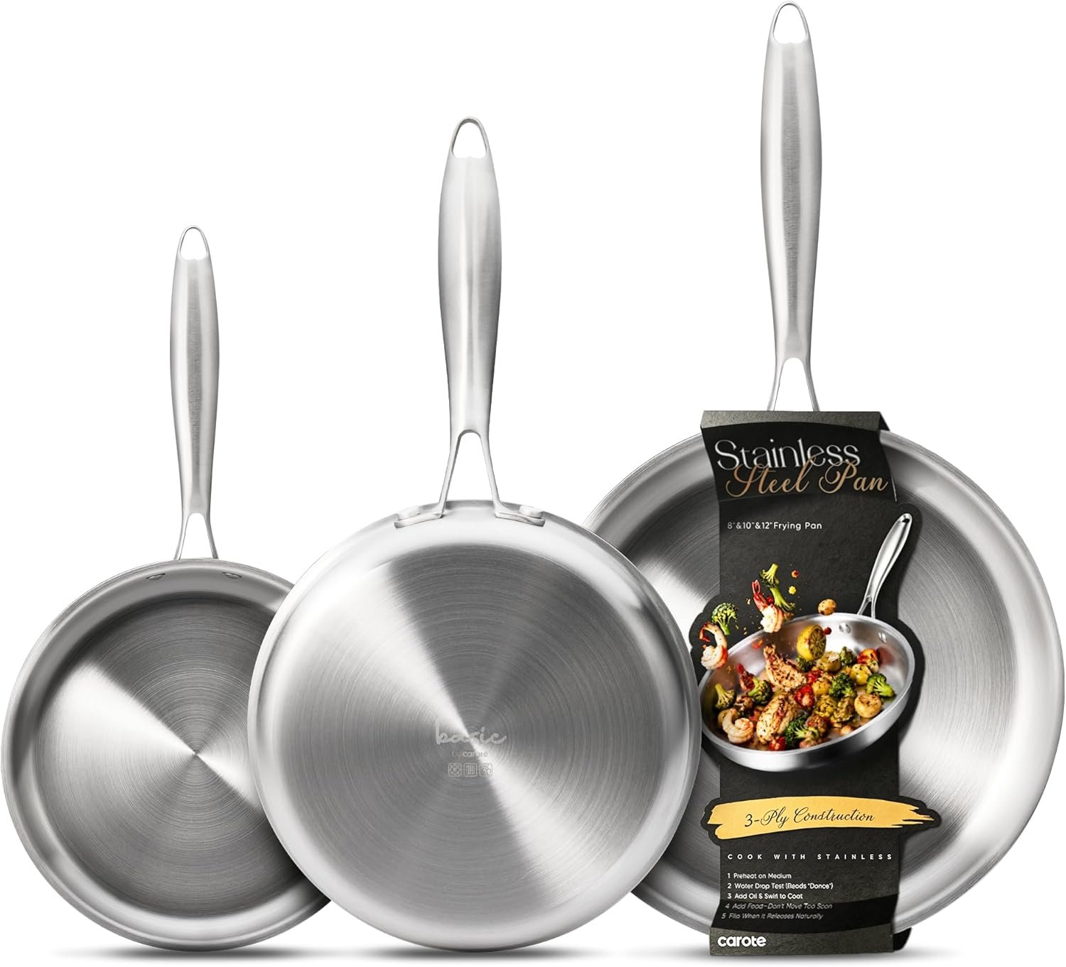 CAROTE 3-Piece Tri-Ply Stainless Steel Frying Pan Set, Skillet Set 8″/10″/12″, Induction Compatible, Oven & Dishwasher Safe, Silver Handle
