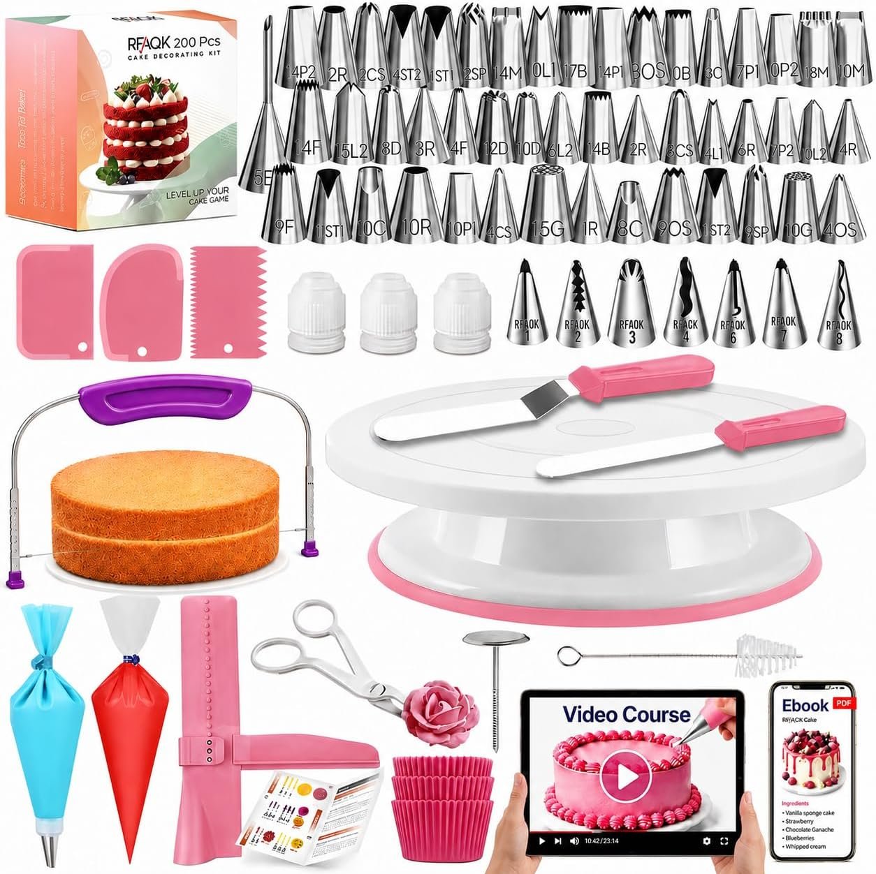 RFAQK 200PCs Cake Decorating Kit with Cake Turntable & Leveler, Baking Supplies Gift Includes 110+1 Piping Bags,55 Icing Tips,2 Frosting Spatulas, Adjustable Scraper, Video Tutorial, Booklet & more