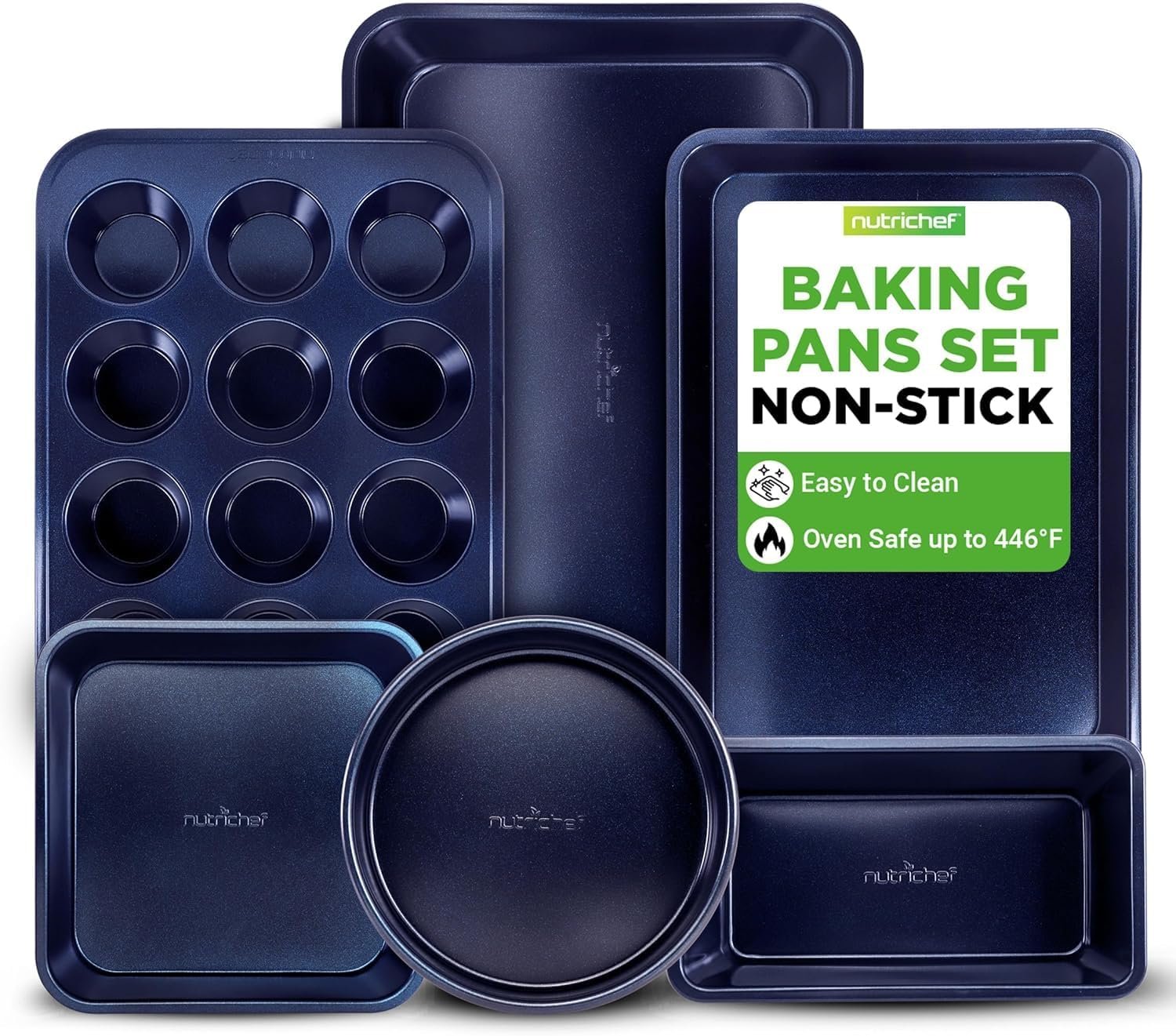 NutriChef 6-Piece Nonstick Baking Pans – Carbon Steel Non toxic Bakeware set with Cookie Sheets, Muffin, Loaf, Round & Square Pan – Restaurant Quality Baking Tray, Easy Clean, Dishwasher & Oven Safe
