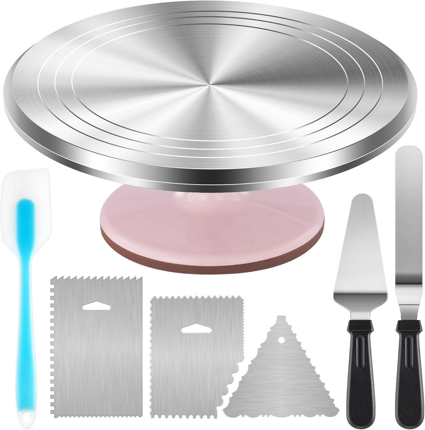 Kootek Aluminum Cake Stand Turntable Set for Decorating Baking Kit, 12″ | Beginner-friendly, Baking Supplies Tools with Cake Stand Turntable for Decorating and Display, 2 Spatulas, 3 Icing Scrapers