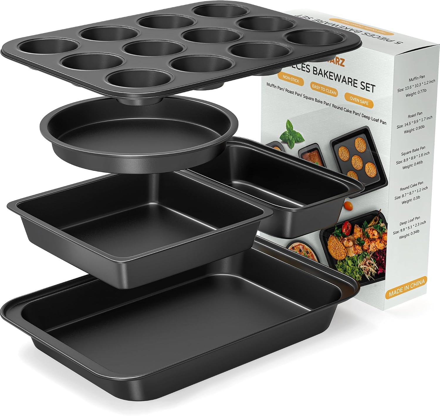 5-Piece Nonstick Baking Pans Set Black | Bakeware Sets with Round/Square Cake Pan, Loaf/Roast/Muffin Pan, Stackable Baking Sheet Set Dishes for Cooking