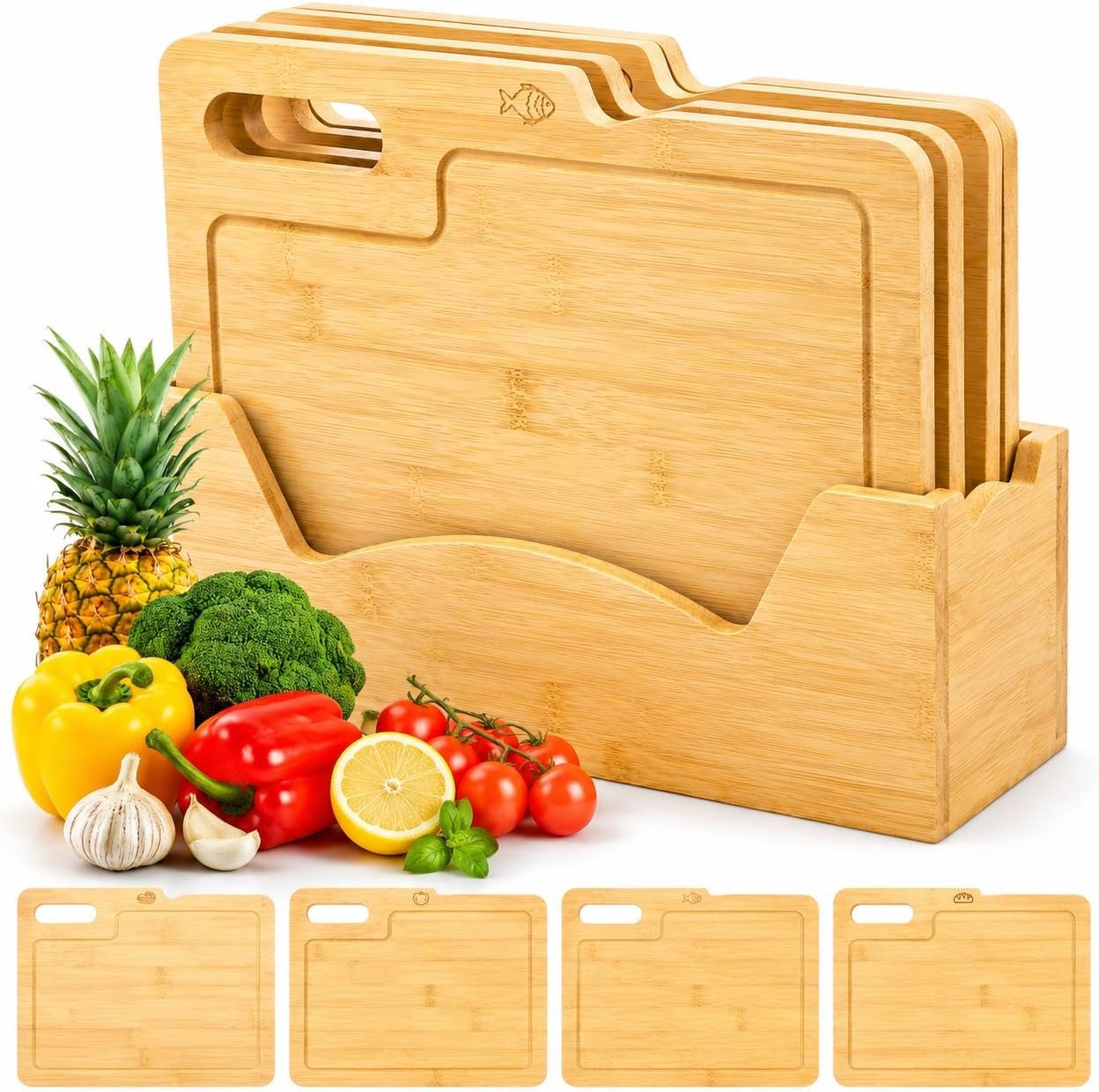 4 Pack 12.5″L x 9.8″W Bamboo Cutting Boards with Holder, Wood Cutting Board Set, Chopping Boards Set with Food Icons, Kitchen Cutting Board Ideal for Meat, Fish, Bread, Vegetable, Fruit