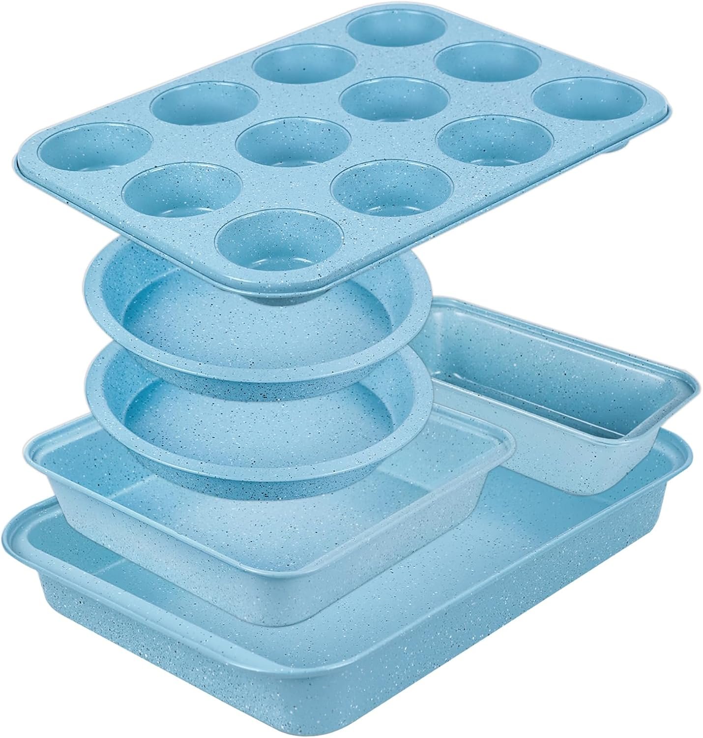 6-Piece Nonstick Cake Baking Set, Blue Baking Pans Set for Beginner | Baking Set Bakeware Sets with Round Pie Pans, Loaf Pan, Muffin Pan, Square Cake Pan, Stackable for Beginner Bakers, Oven Safe