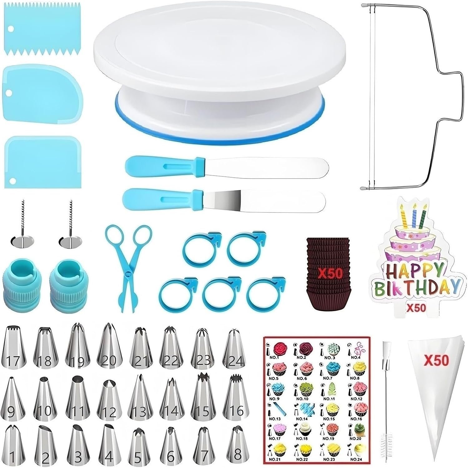 ANSLYQA Cake Decorating Kit, 193 Pcs Baking Tools (Blue) | Cake Turntable, Leveler, 24 Numbered Icing Tips, 2 Spatulas, 3 Scrapers, 5 Bag Ties, 50 Pastry Bags, 50 Cupcake Liners & More