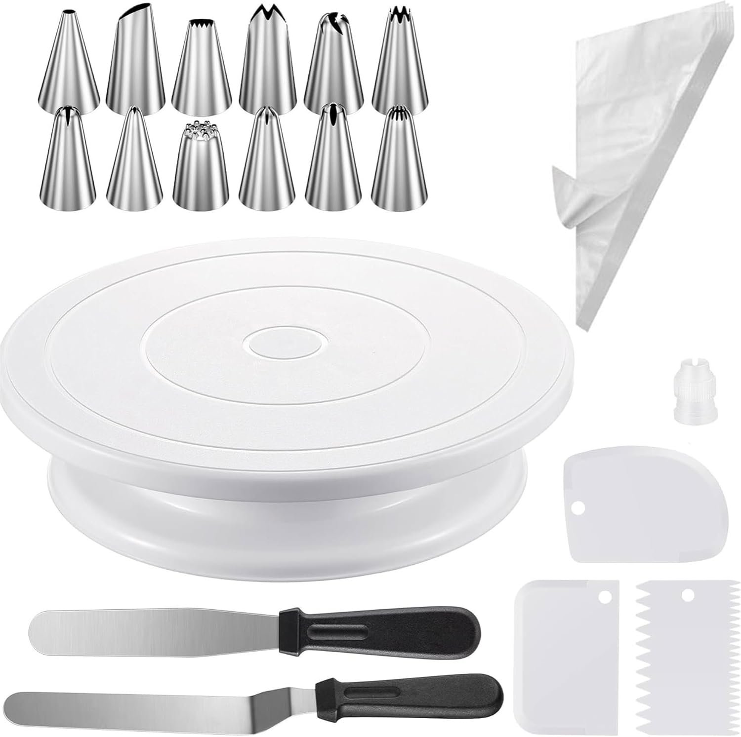 69PCS Cake Decorating Kit with Turntable, 12 Piping Tips, 50 Piping Bags, 3 Cake Scrapers & 2 Spatulas, Complete Cake Decorating Set and Baking Supplies for Beginners, Home Bakers