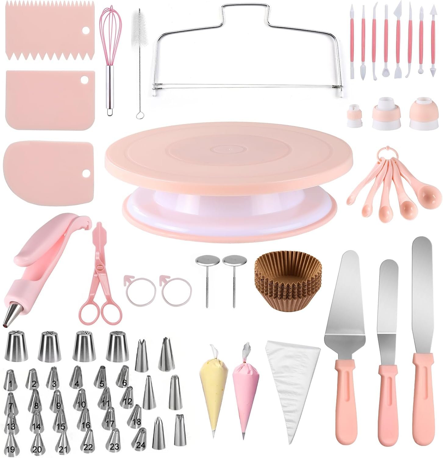207PCS Cake Decorating Kit Includes Revolving cake turntable for decorating, Icing Bags and Tips Set, 3 Spatulas, 3 Cake Scraper, 100 Piping Bags, frosting piping kit,and 3 Coupler for Baking