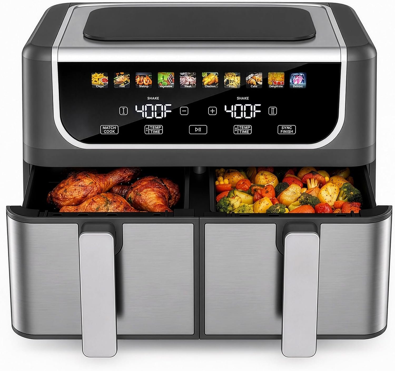 2 Baskets Air Fryer 9.5 QT, 10 in 1 Dual Air Fryers with Ceramic Crisper Plate, 80-450°F Wide Temp, Smart Cooking Mode with Match & Sync Cook, Shake Reminder, Roast, Defrost, Bake, Black
