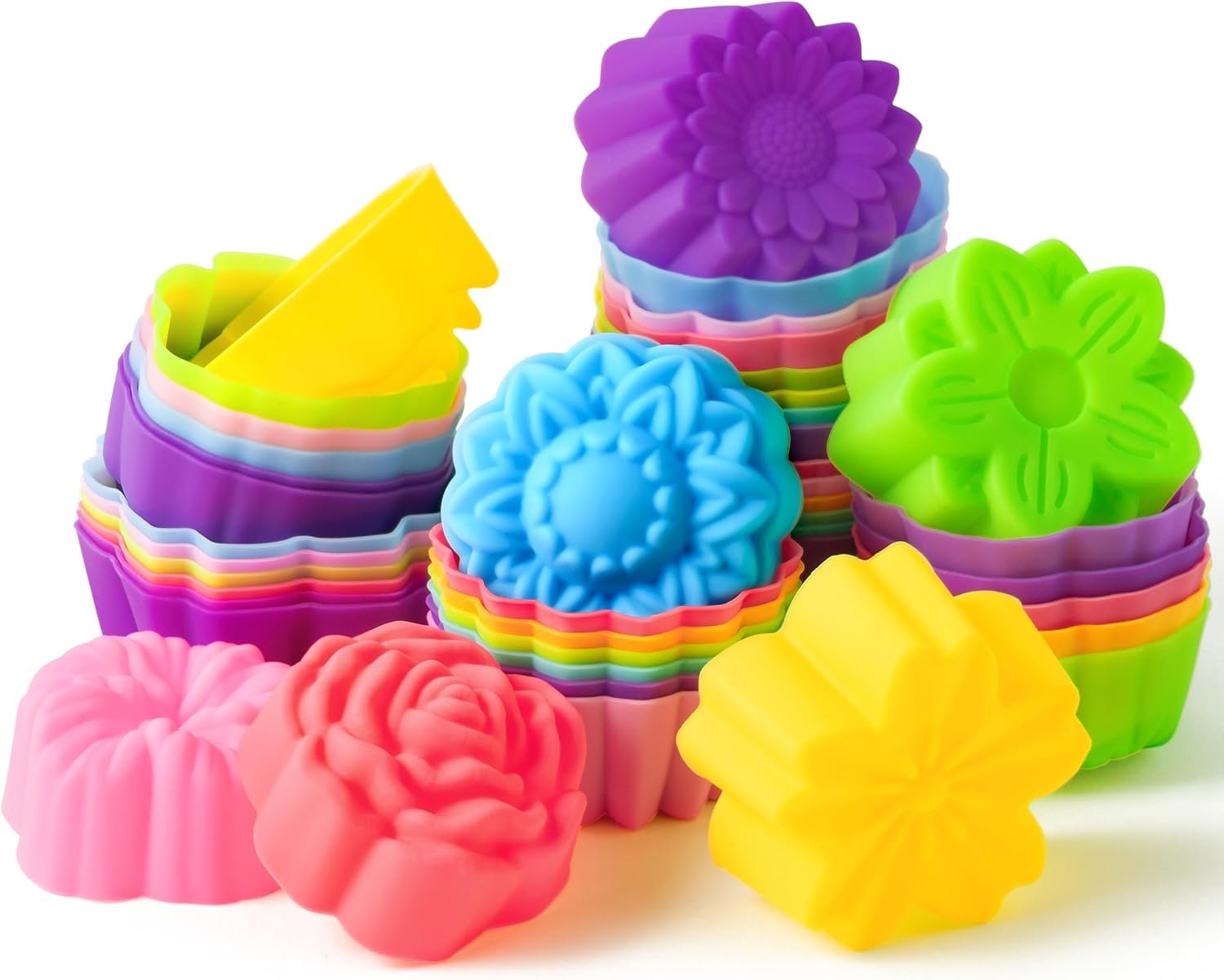R HORSE 42 Pack Mini Silicone Cupcake Molds | Multi Flower Shaped Baking Cups, Non-Stick Muffin Baking Mould, Washable Cupcake Cake Cup Liners Mold, Soap Dessert Pudding