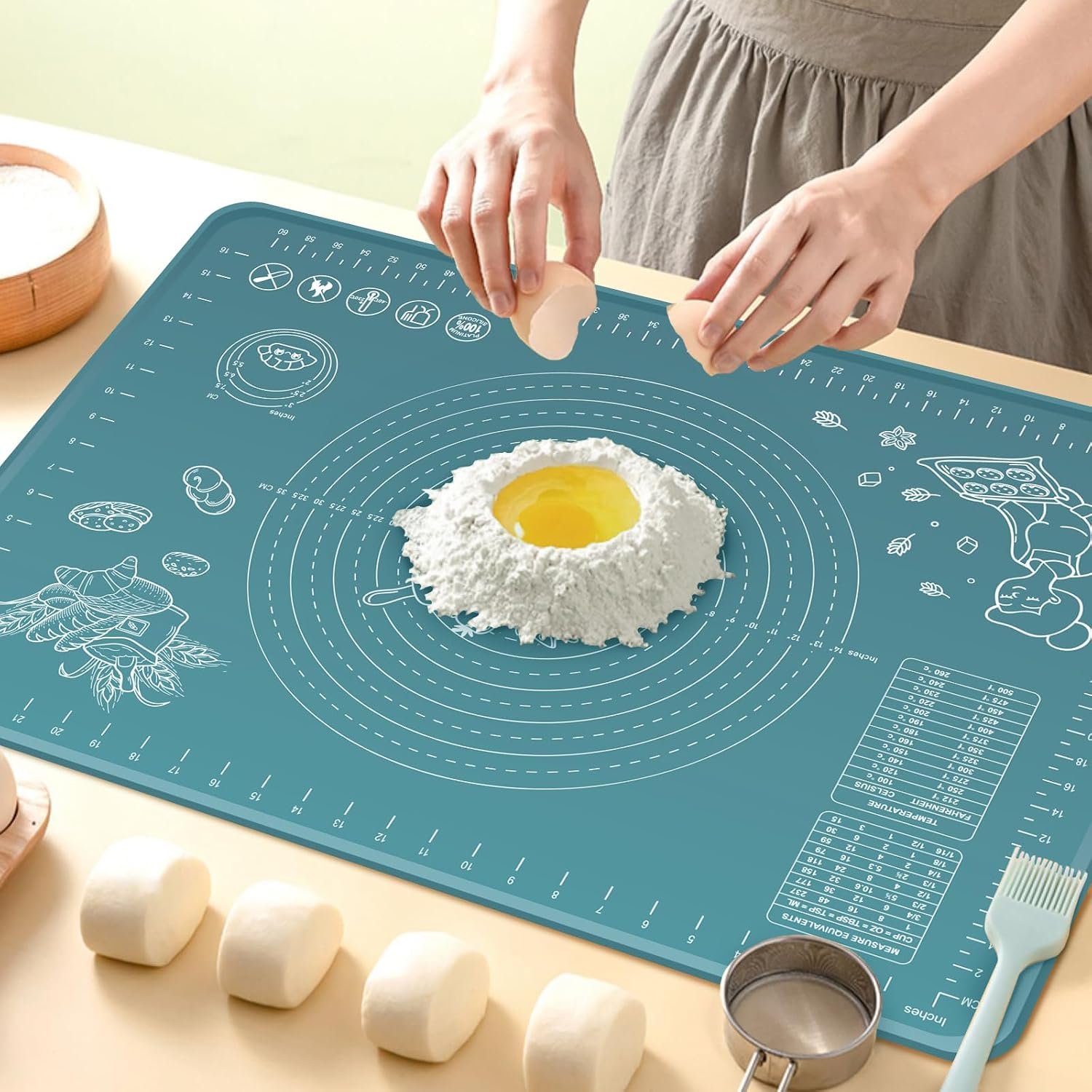 Silicone Pastry Mat 28″ x 20″ Extra Thick Non Stick Baking Mat with Measurements and Edge Heightening, Food Grade Silicone Rolling Mat for Pastry, Bread, Cookies, Pizza, Fondant, Pasta