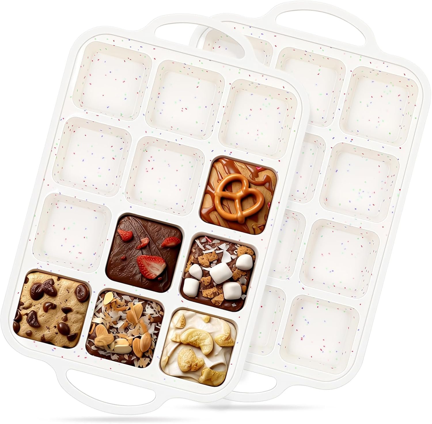 Vinino Silicone Brownie Pans with Dividers, 2 Pack with Metal Frame | 12 Cup Cream Baking Mold Set for Batch Baking, Family Desserts, Brownies, Mini Loaves & Muffins, Easy Release Silicone Design
