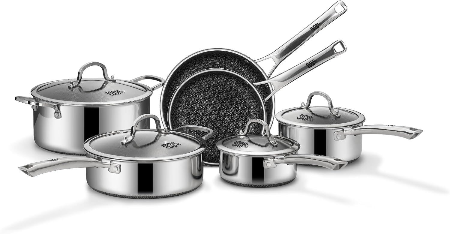 SNOWCLAD Pots and Pans Set Non Stick | Stainless Steel Kitchen Cookware | 10 Pcs | PFOA Free | Hybrid | Induction Compatible | Frying Skillet, Saucepans, Saute Pan & Stock Pot