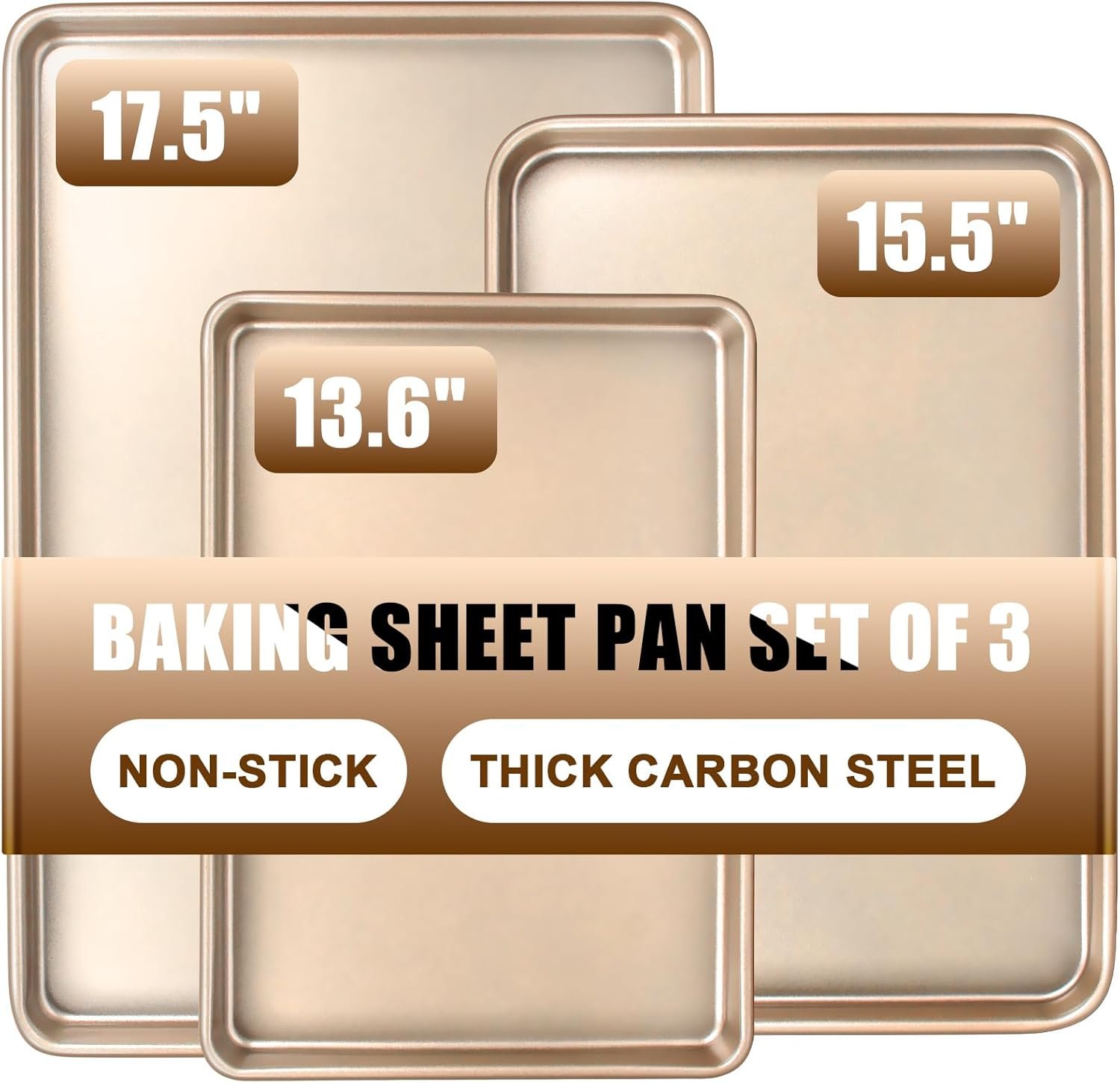 Baking Sheet Pan Set of 3, Nonstick Commercial Cookie Sheets for Baking | Commercial Half/Quarter/Jelly Roll Pans Replacement Toaster Oven Tray, Heavy Duty & Easy Clean