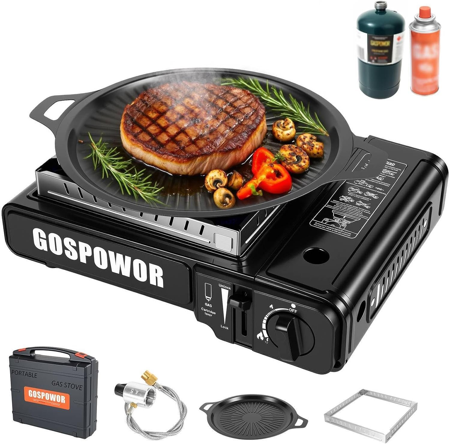 Propane or Butane Stove with Windblocker, Dual Fuel 10,000 BTU Portable Gas stove for Camping, Automatic Ignition Gas Stove with Adapter Hose Carrying Case & Griddle for Hiking (Fuel Not Included)