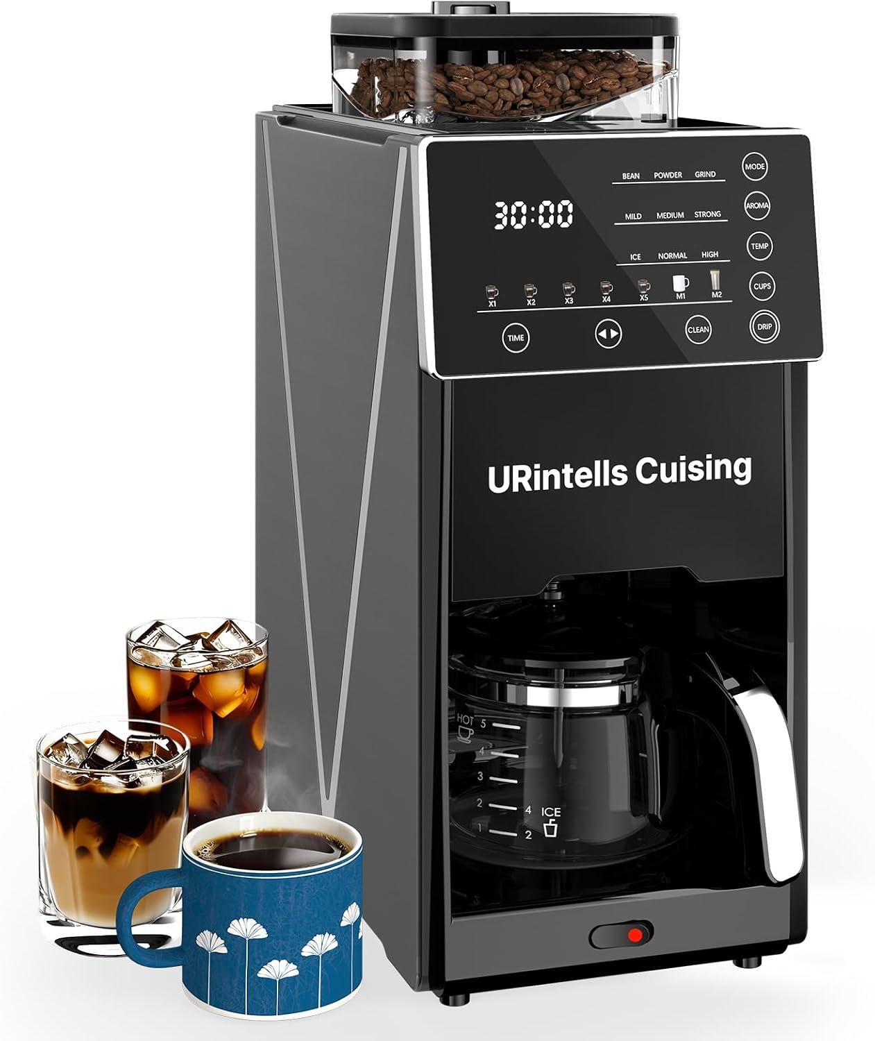 URintells Cuising Coffee Maker with Grinder, Automatic Programmable Machine | Conical Burr Grinder, Programmable Timer, Strength & Temp Control, Small Batch Brewing, Over-Ice Brewing, 30-Minute Keep Warm