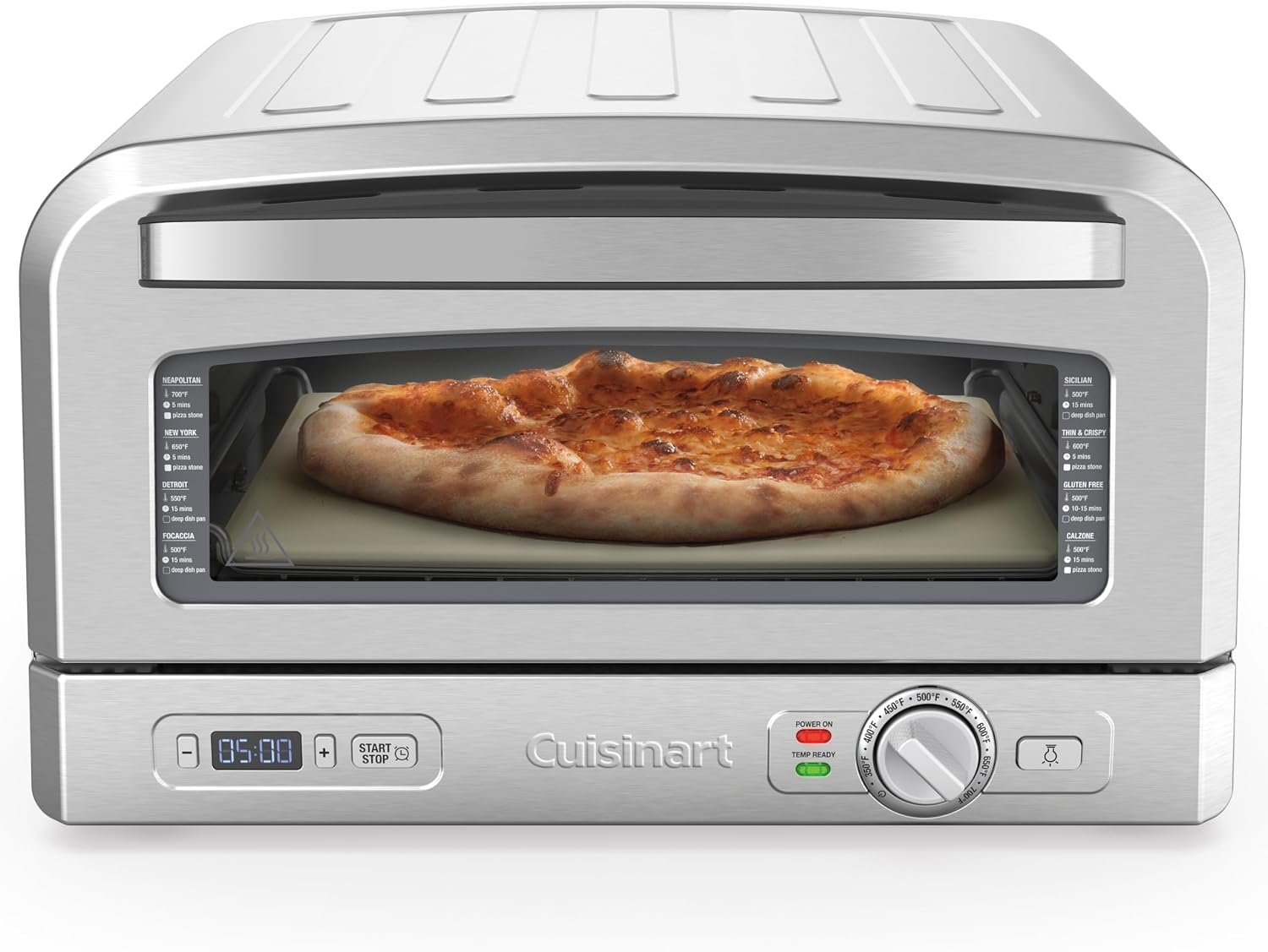 Cuisinart Indoor Pizza Oven, Bakes 12″ Pizzas in Minutes, Countertop Electric Pizza Oven Heats up to 700°F, Large Viewing Window, Interior Light, Includes 12.5″ Pizza Stone, CPZ-120, Stainless Steel