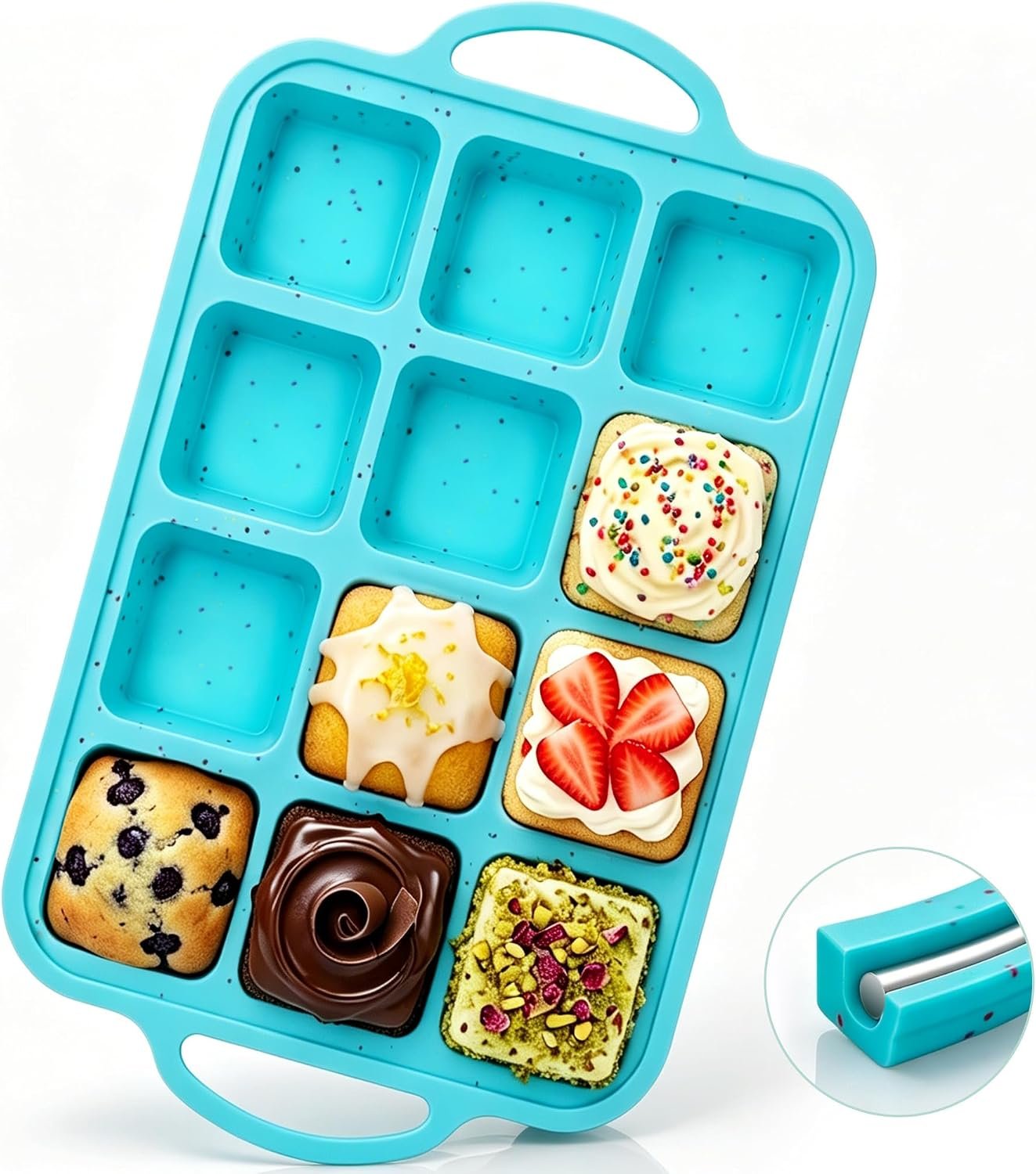 KASHME 12-Cavity Silicone Brownie Pans With Metal Frame, Non Stick | All Edges Mini Brownie Baking Pan With Dividers, Square Muffin Pan For Oven, Aqua, 1 Pc