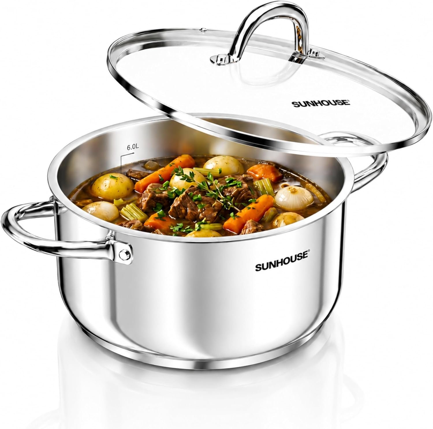 SUNHOUSE 8 Quart Stock Pot with Lid, Stainless Steel Large Pot for Cooking | 8QT Pots for Pasta, Soup – Stockpot for Canning with Impact Bonded Base – Oven Safe & Induction Compatible