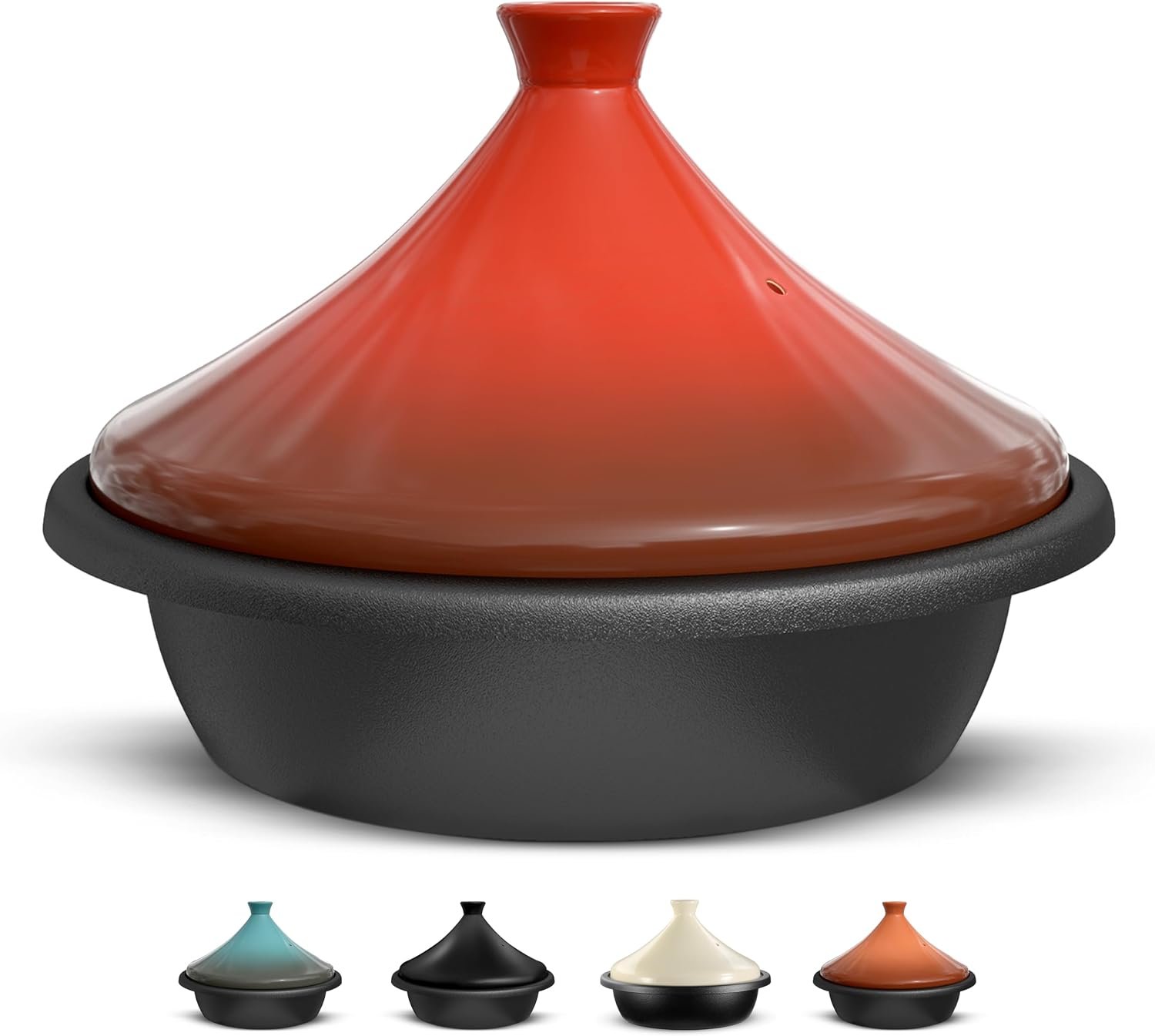 KooK Moroccan Tagine, Enameled Cast Iron Cooking Pot, Tajine with Ceramic Cone-Shaped Closed Lid, 3.3 QT, (Crimson)