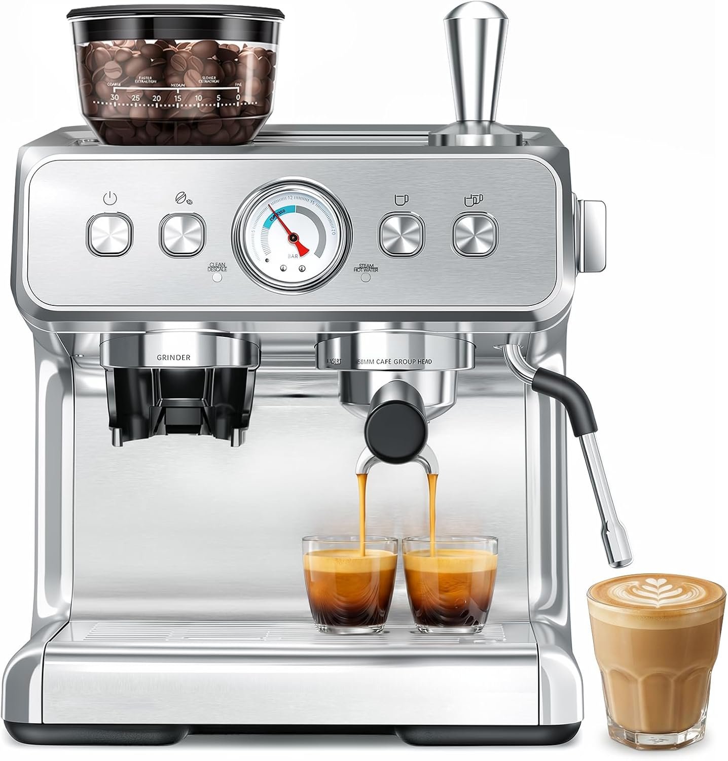 COWSAR Dual Boiler Espresso Machine with Grinder, 20 Bar Automatic Espresso Maker, Milk Frother Steam Wand, PID Temperature Control, 58mm Brewing System, Perfect for Cappuccino & Latte