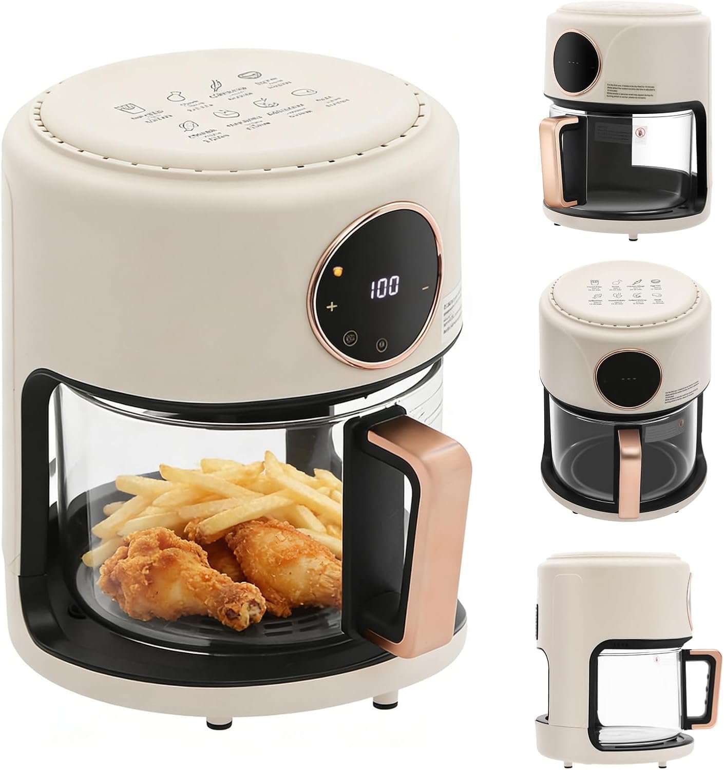 1200w Glass Air Fryer, 4.44qt Mini Air Fryer,Air Fryer Dorm | Viewable Best Non Toxic Air Fryer Small, 8-in-1 Mode, Adjustable Temp 176℉-392℉, 60 Min Timer, For Roasting, Baking, Frying