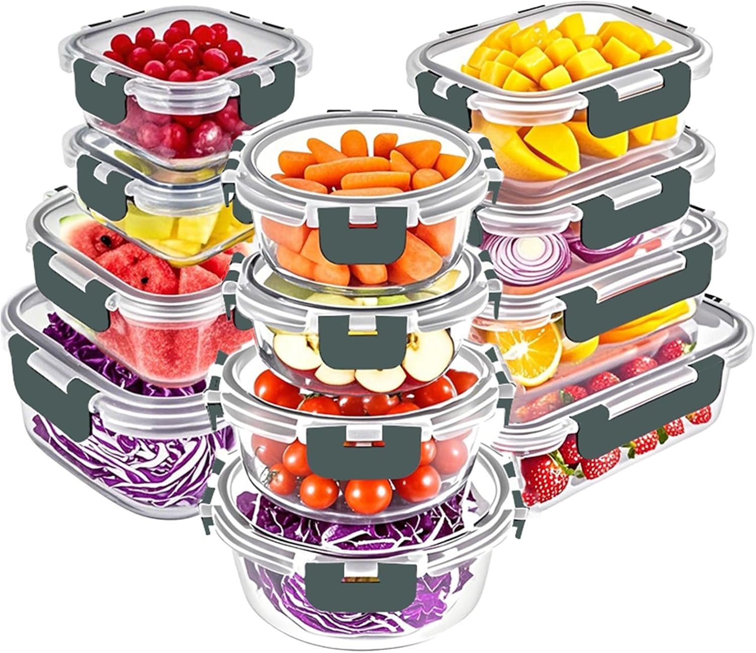 VERONES 12 Packs Glass Food Storage Containers Set with Lids, Grey | Airtight Glass Lunch Containers, Glass Meal Prep Containers with Lids, for Microwave, Oven, Freezer & Dishwasher Friendly