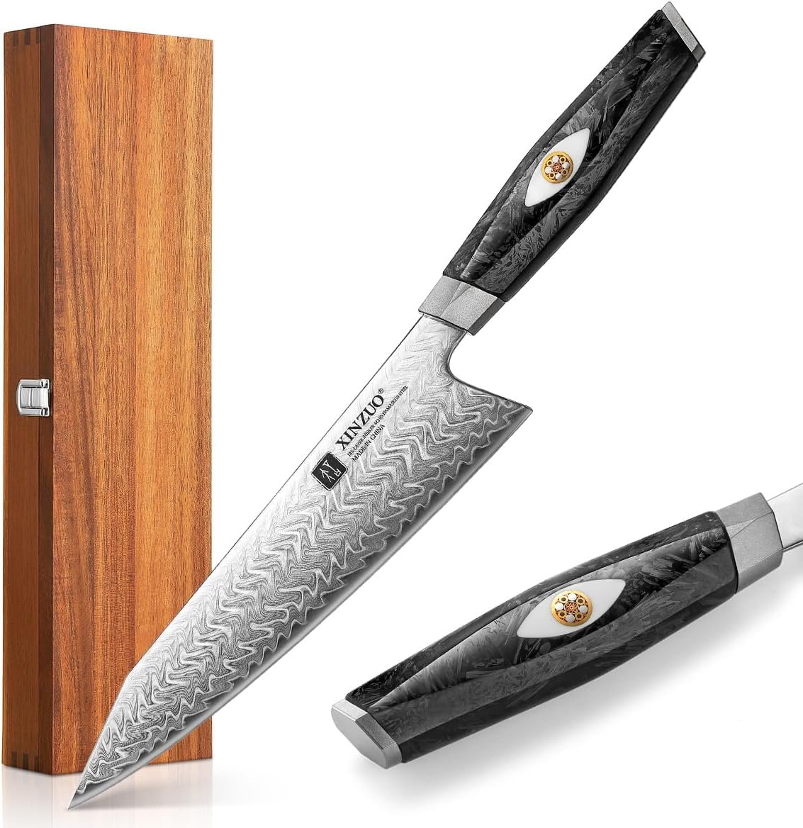 XINZUO 8.5″ Chef Knife, 145 Layers Damascus with Austrian M390 Powder Steel Core, Premium Professional Kitchen Knife, Ultra Sharp Blade with Carbon Fiber Ergonomic Handle