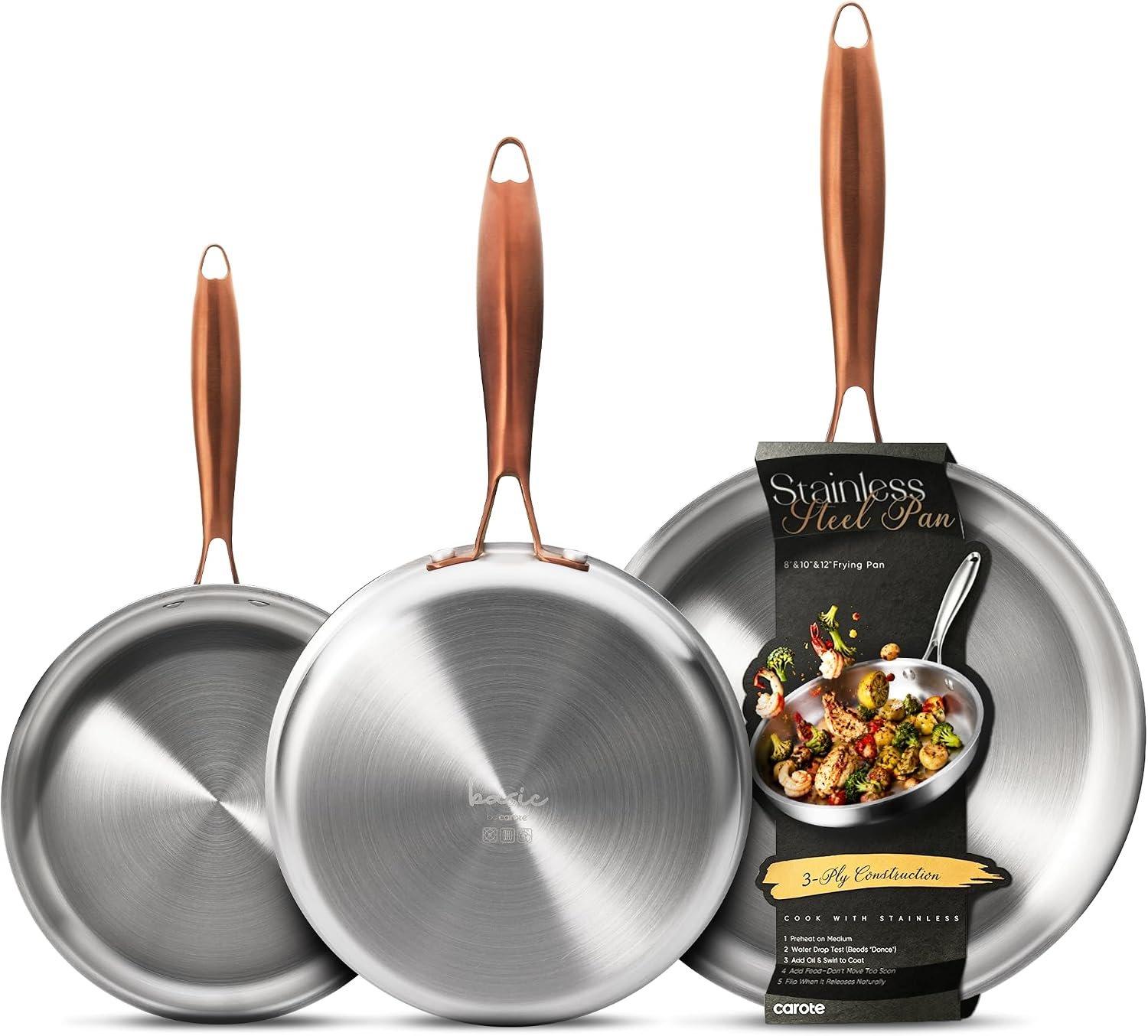 CAROTE 3-Piece Tri-Ply Stainless Steel Frying Pan Set, Skillet Set 8″/10″/12″, Induction Compatible, Oven & Dishwasher Safe, Gold Handle, Mothers Day Gifts