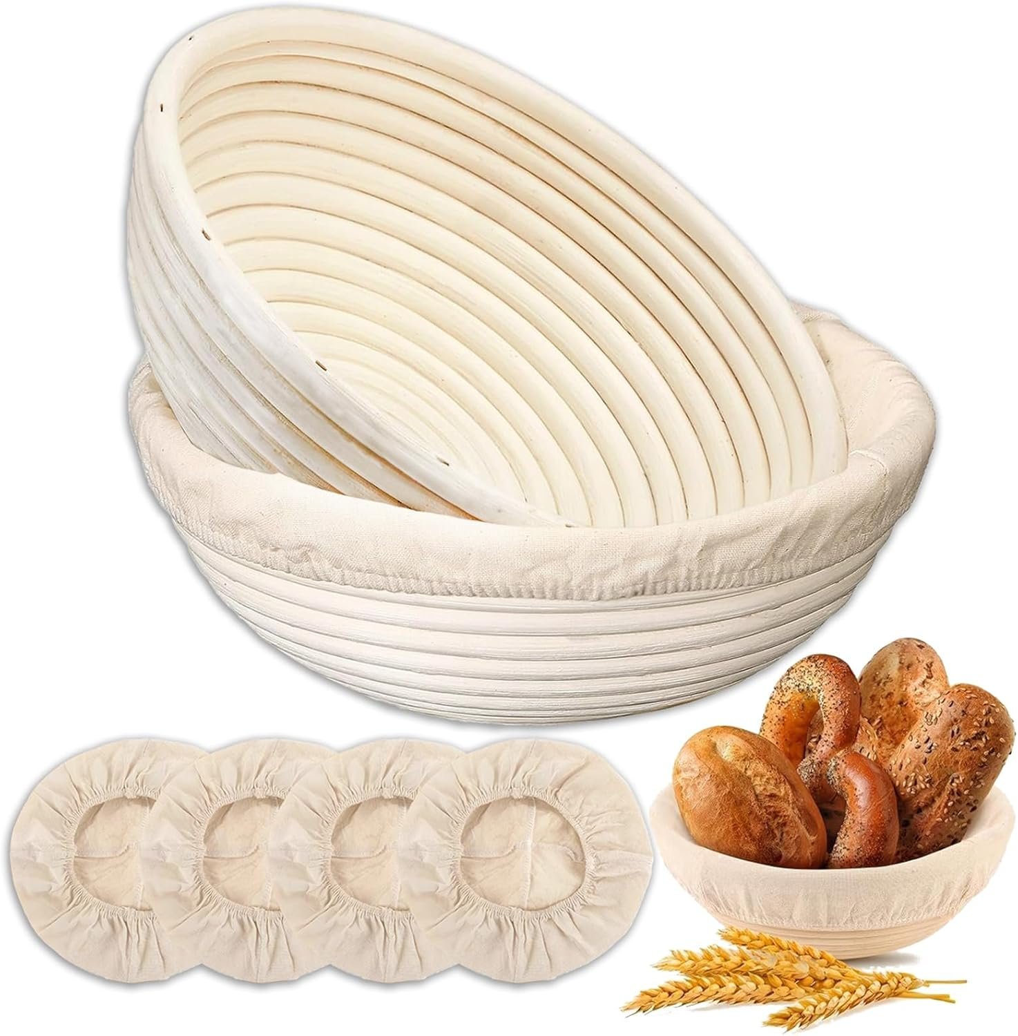 Banneton Bread Proofing Basket – Proofing Basket Set of 2 (9 inch Round) – Natural Rattan Banneton with 4 Linen Liners – Bread Basket for Sourdough Bread Baking Supplies