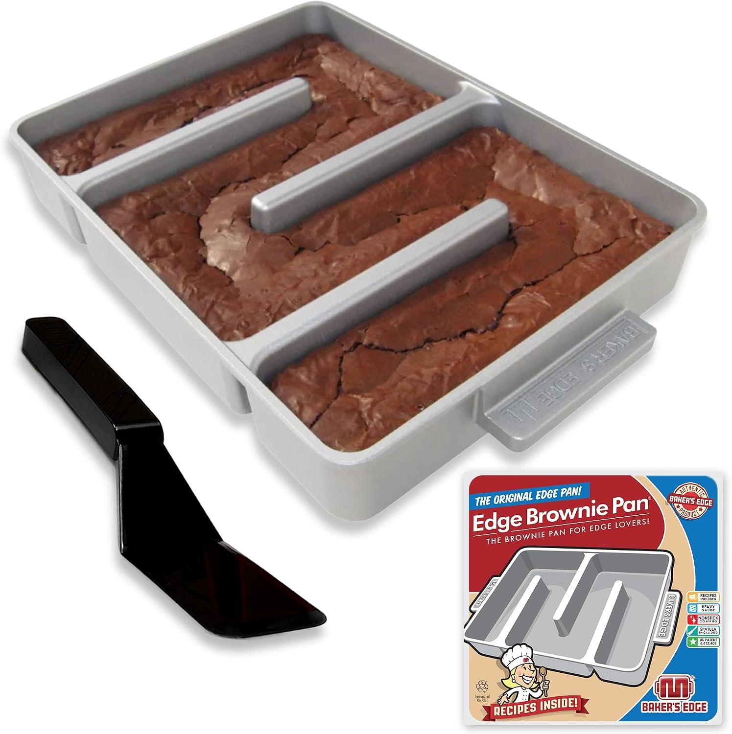 Baker’s Edge Original Nonstick All Edges Brownie Baking Pan – 9″ x12” | US Patented Design includes custom spatula. All Edges Brownie Pan, Premium Double Nonstick Coating, Heavy Gauge Cast Aluminum