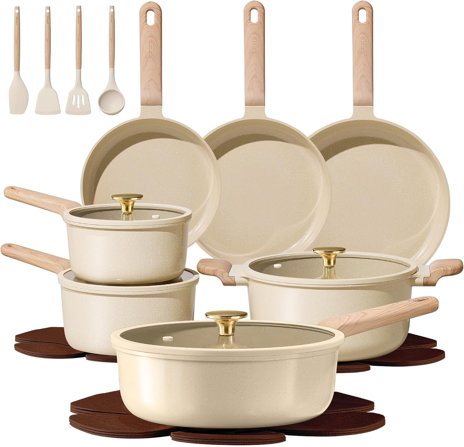 CAROTE 22pcs Ceramic Cookware Sets, Pots and Pans Set | Non-Toxic Kitchen Cooking Set with Silicone Lids, Easy Clean, Even Heating, Fit All Stovetops, PFAS FREE