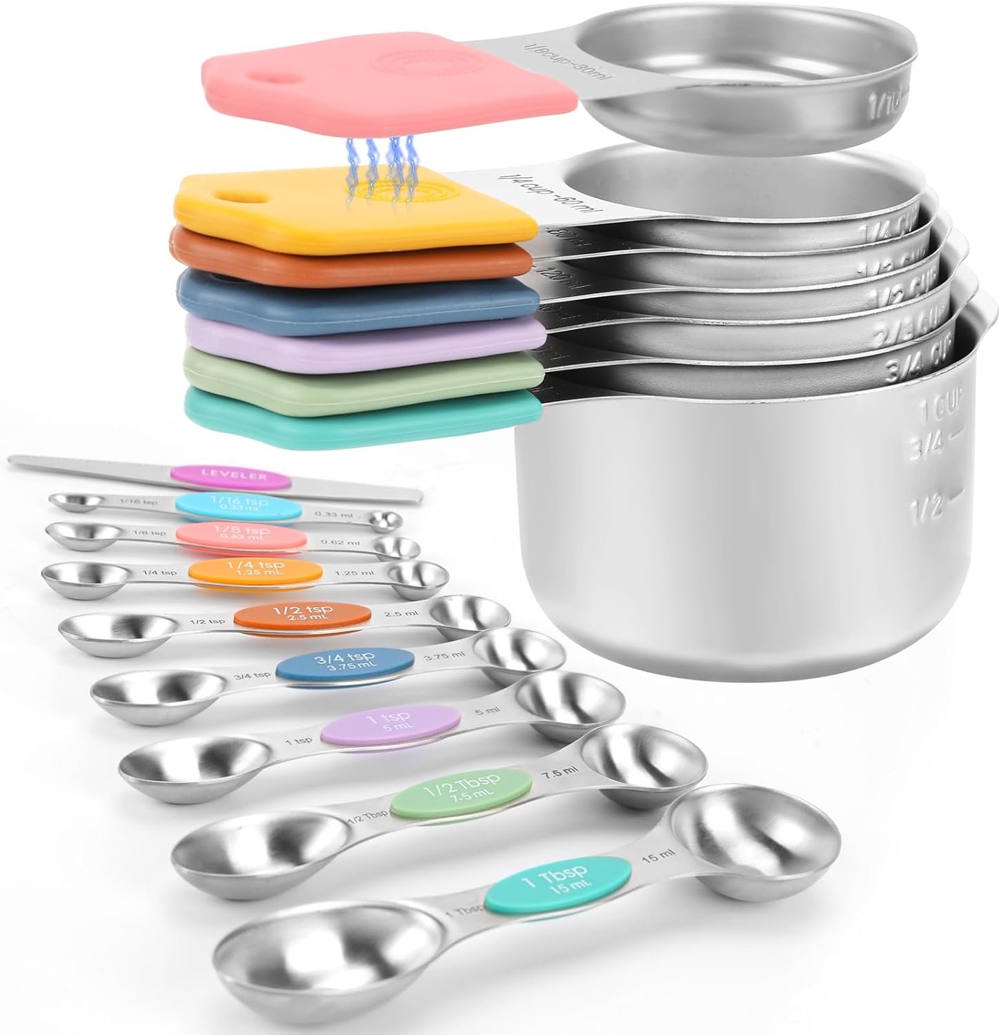 HOUJIP Magnetic Measuring Cups and Spoons Set-304 Stainless Steel,Colors | Double Measurement Markings,BPA-Free,Set of 16 with Leveler for Measuring Dry and Liquid Ingredients