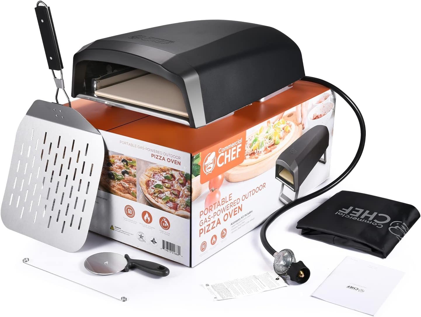 Commercial Chef Outdoor Gas Pizza Oven – Portable Propane Pizza Maker with Door, Peel, Stone, Cutter, and Cover – L-Shaped Burner, Foldable Legs