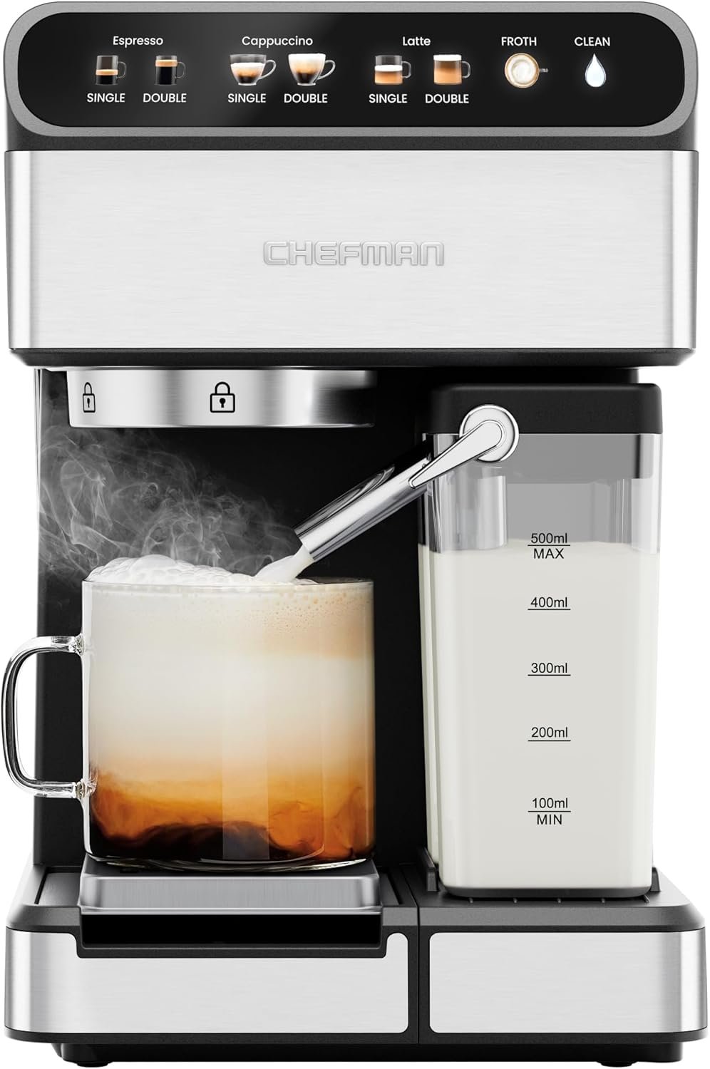 Chefman CaféMaster Pro Espresso Machine, Brew Single or Double Shots, Coffee Maker with Built-In Milk Frother for Cappuccino & Latte, XL 1.8 Liter Removable Water Reservoir – Stainless Steel