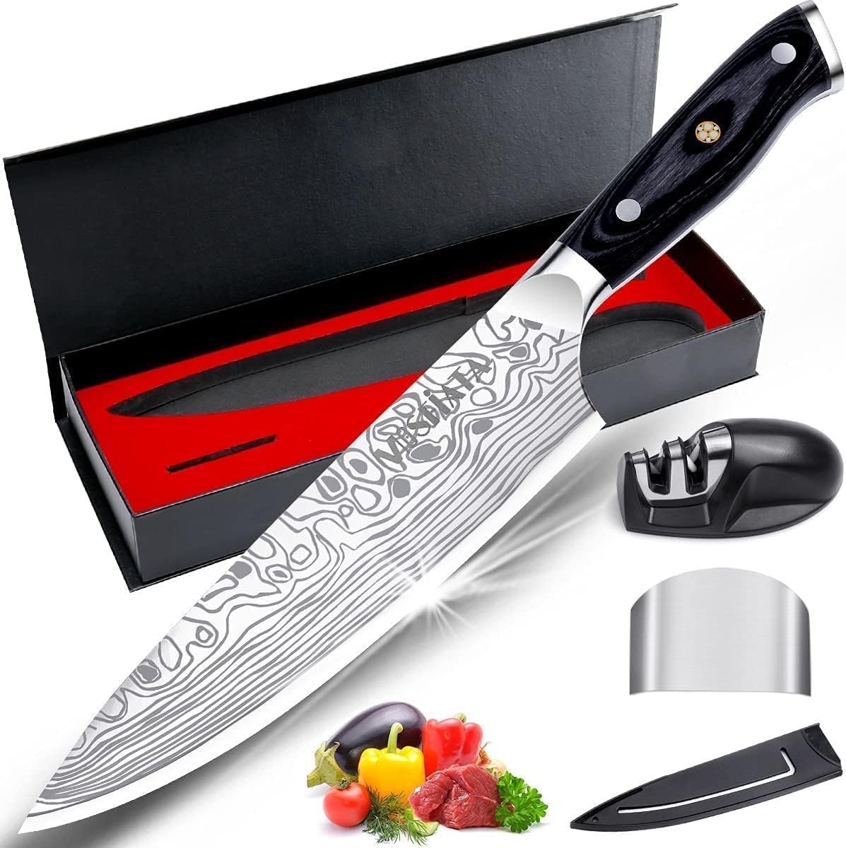 MOSFiATA 8″ Super Sharp Professional Chef’s Knife with Finger Guard and Knife Sharpener, German High Carbon Stainless Steel EN1.4116 with Micarta Handle and Gift Box