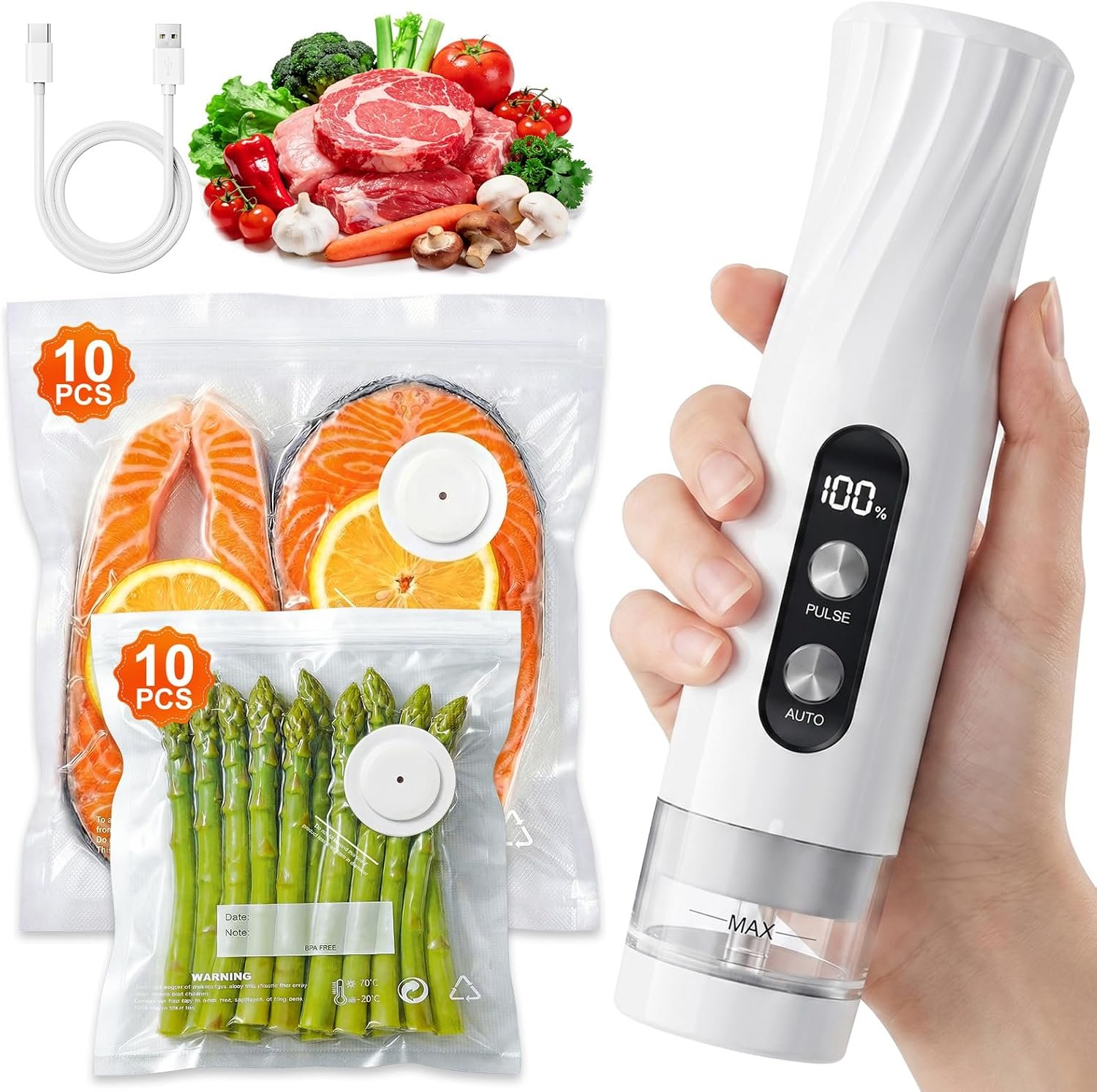 RIWUSI Portable Vacuum Sealer for Food with Visible Water Tank, 60kPa Powerful Handheld Vacuum Sealer Machine, One-Touch Auto Seal & Pulse Mode for Delicate Foods, Includes 20 Reusable Bags