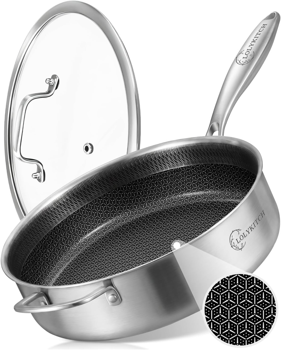 LOLYKITCH 6-Quart Large Frying Pan with Lid | 12 Inch | Detachable Handle | Tri-Ply Stainless Steel | Hybrid Nonstick Ceramic Coated | Deep Skillet | Saute Pan for Family Meals | Induction Oven-Safe
