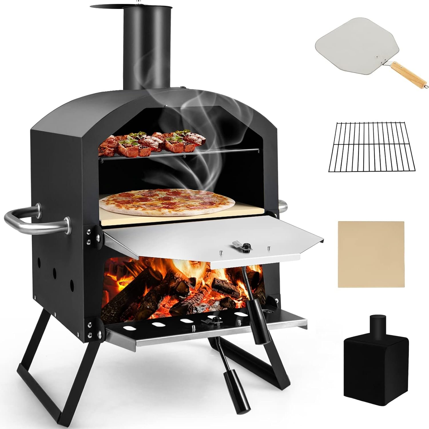 Giantex Outdoor Pizza Oven Wood Fired, 2-Layer Outside Pizza Maker | 12-Inch Pizza Stone, Waterproof Cover, Pizza Peel, Removable Cooking Rack, Folding Legs, for Camping BBQ Party