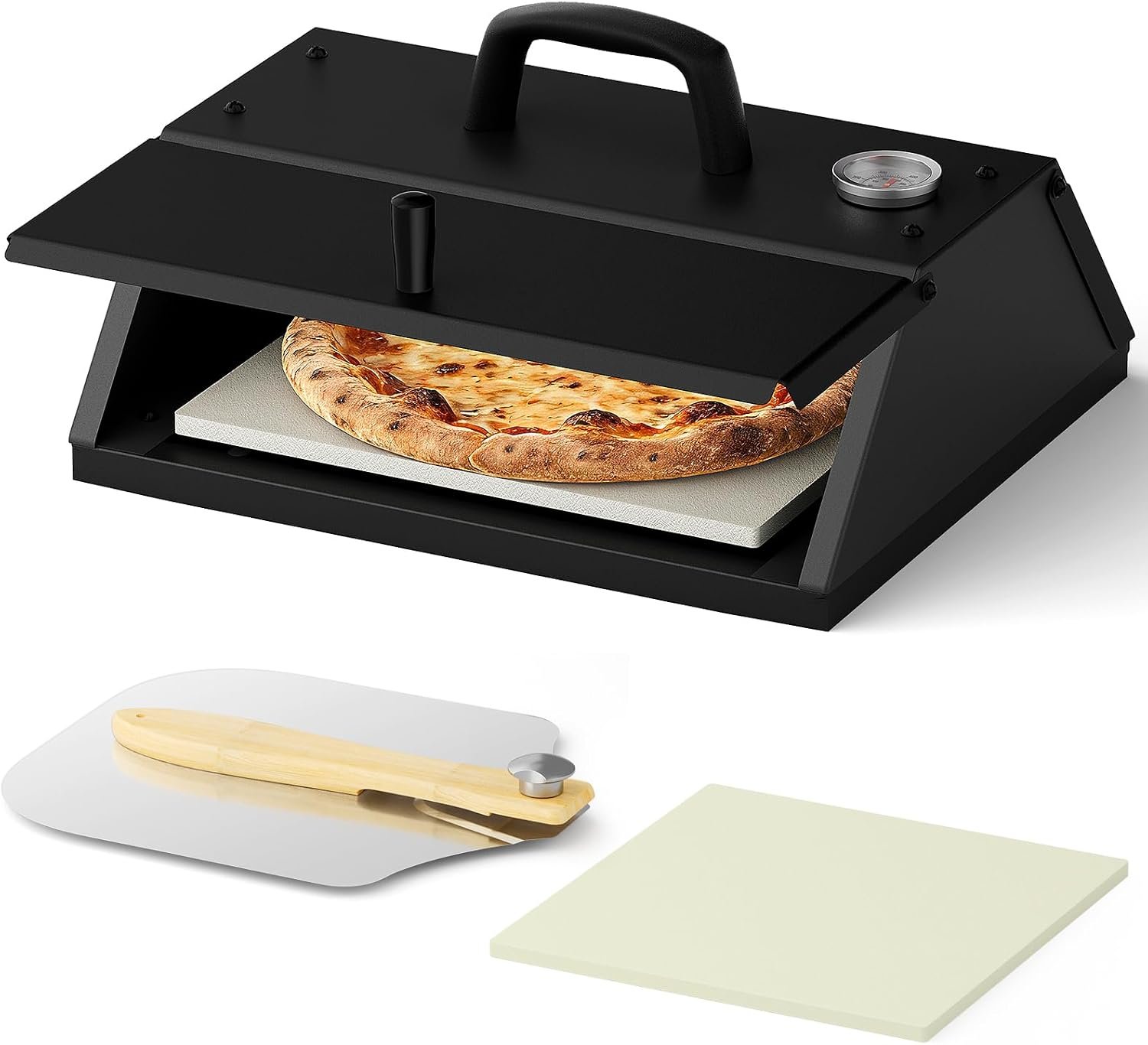 Pizza Oven for Grill, 12-Inch Pizza Stone, Peel and Thermometer | Fits Many Gas and Charcoal Grills, 16 x 14-Inch Footprint, Crispier Crusts, Even Browning, Easy Setup, No Extra Fuel Needed