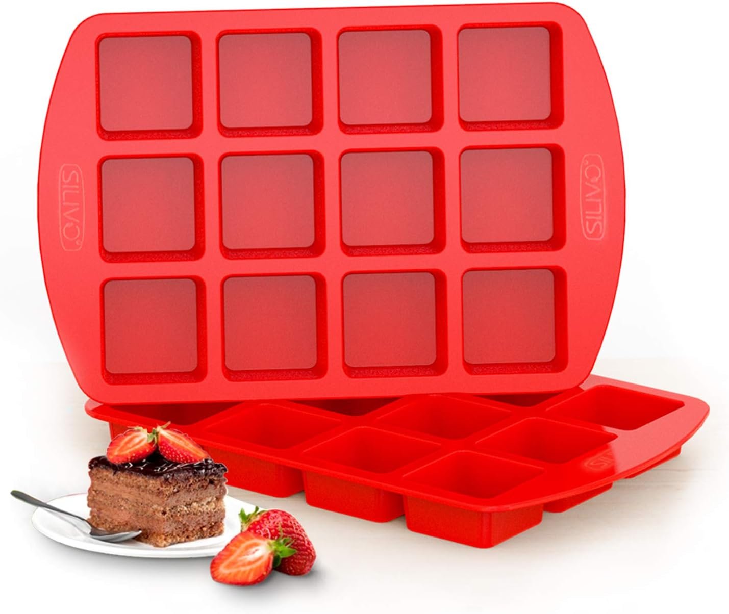 SILIVO Silicone Brownie Pan with Dividers – 2 Pack 12-Cavity Non-Stick Silicone Molds for Brownie Bites, Fudges and Minecraft Cakes