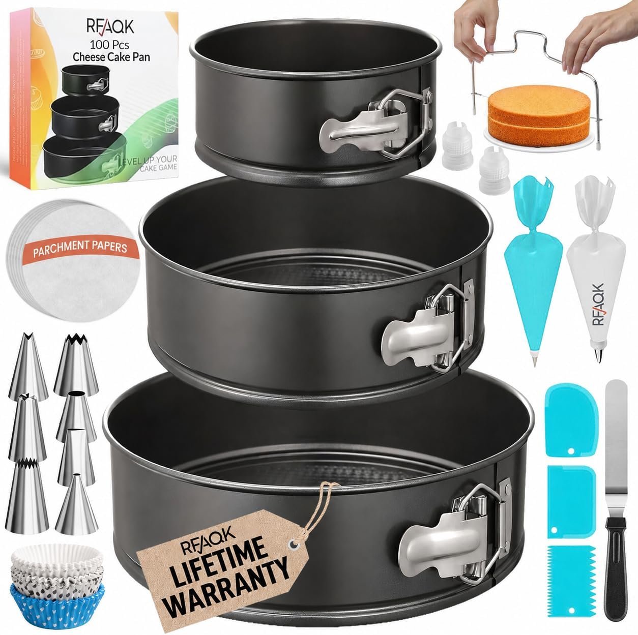 RFAQK 100pcs Cake Pan Sets for Baking + Cake Decorating Supplies: 3 Non-Stick Springform Pans Set (4, 7, 9 inches), Icing Tips, Cake Leveler – Multi-functional Leak-Proof CheeseCake Pan & eBook