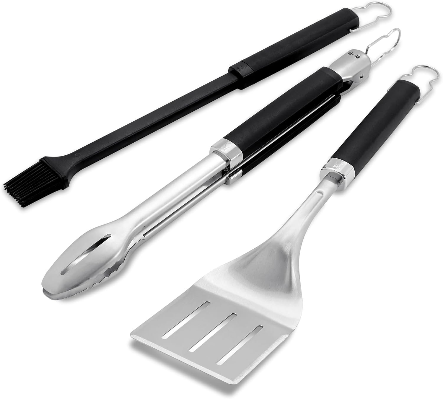 Weber® Precision Grilling Tool Set, 3‑Piece | Stainless-Steel Tongs, Spatula & Silicone Basting Brush with Non‑Slip Handles and Hands‑Free Locking – Grill Accessory Kit