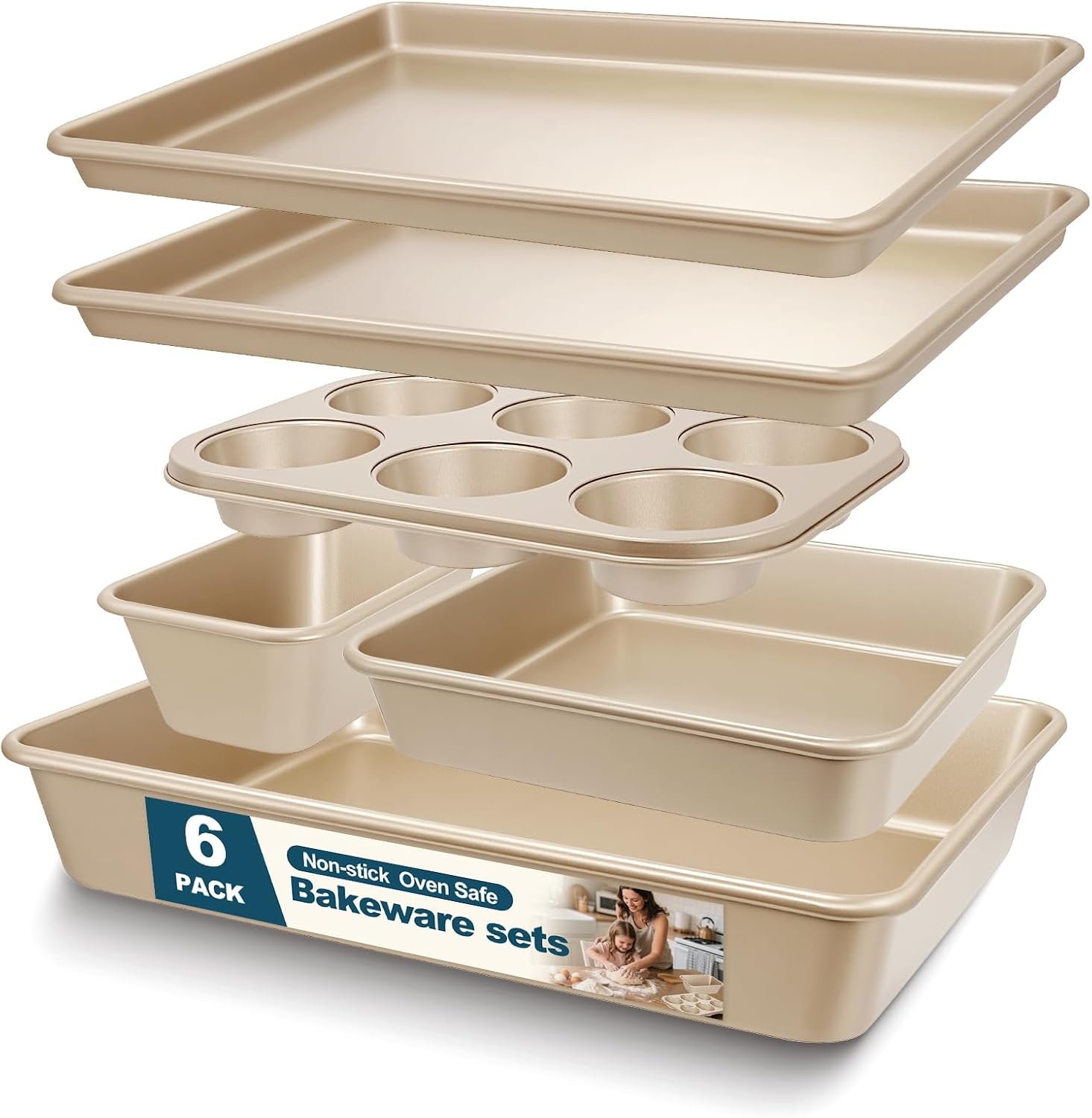 Baking Pans Set, Nonstick Stackable Bakeware Sets, Oven Pans for Cooking, AIVIKI 6 Pieces Baking Sheets Set Including Cookie Sheet, Deep Roaster Pan, Square Pan, Loaf Pan, Muffin Pan, Carbon Steel