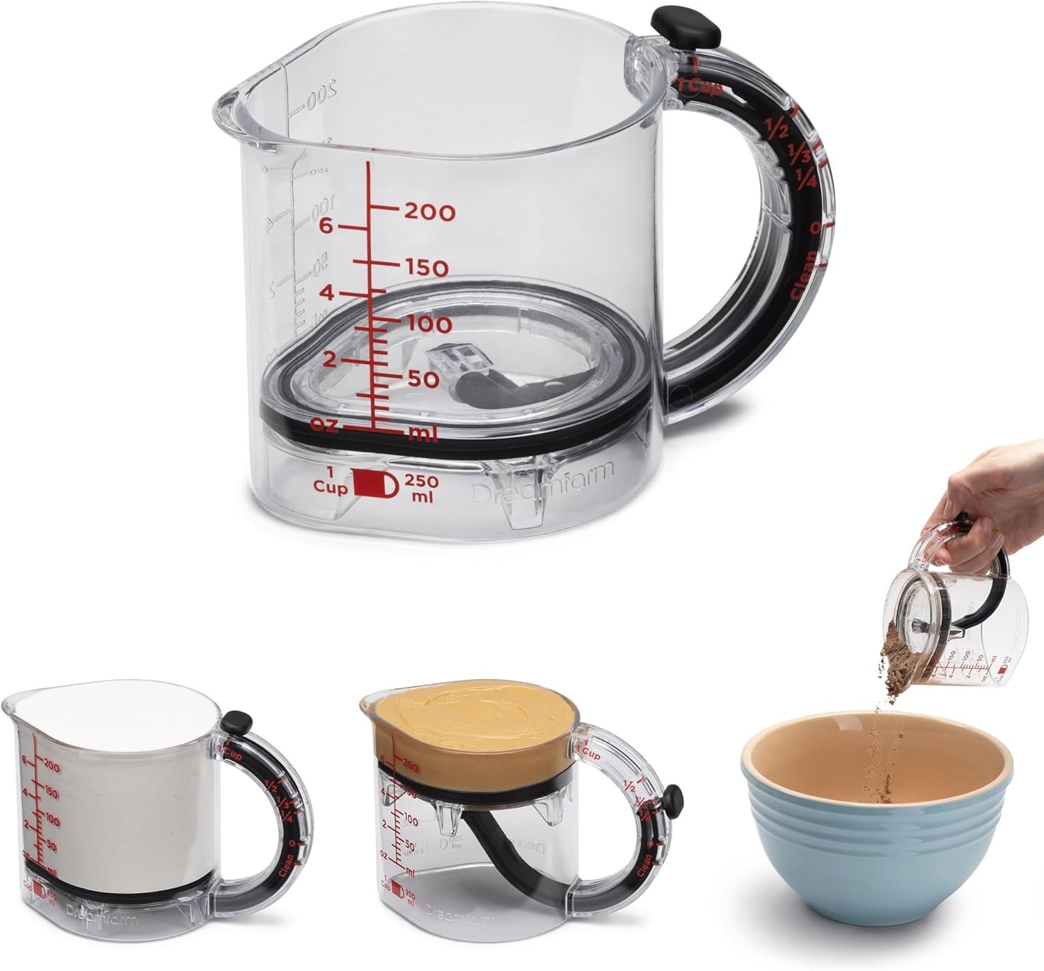 Dreamfarm Upcup All-in-1 Adjustable Measuring Cup, Metric & Imperial Measurements up to 1 Cup – Black/Clear | Measures dry and liquid ingredients and scrapes itself clean, easy-to-read metric and imperial measurements, microwave safe